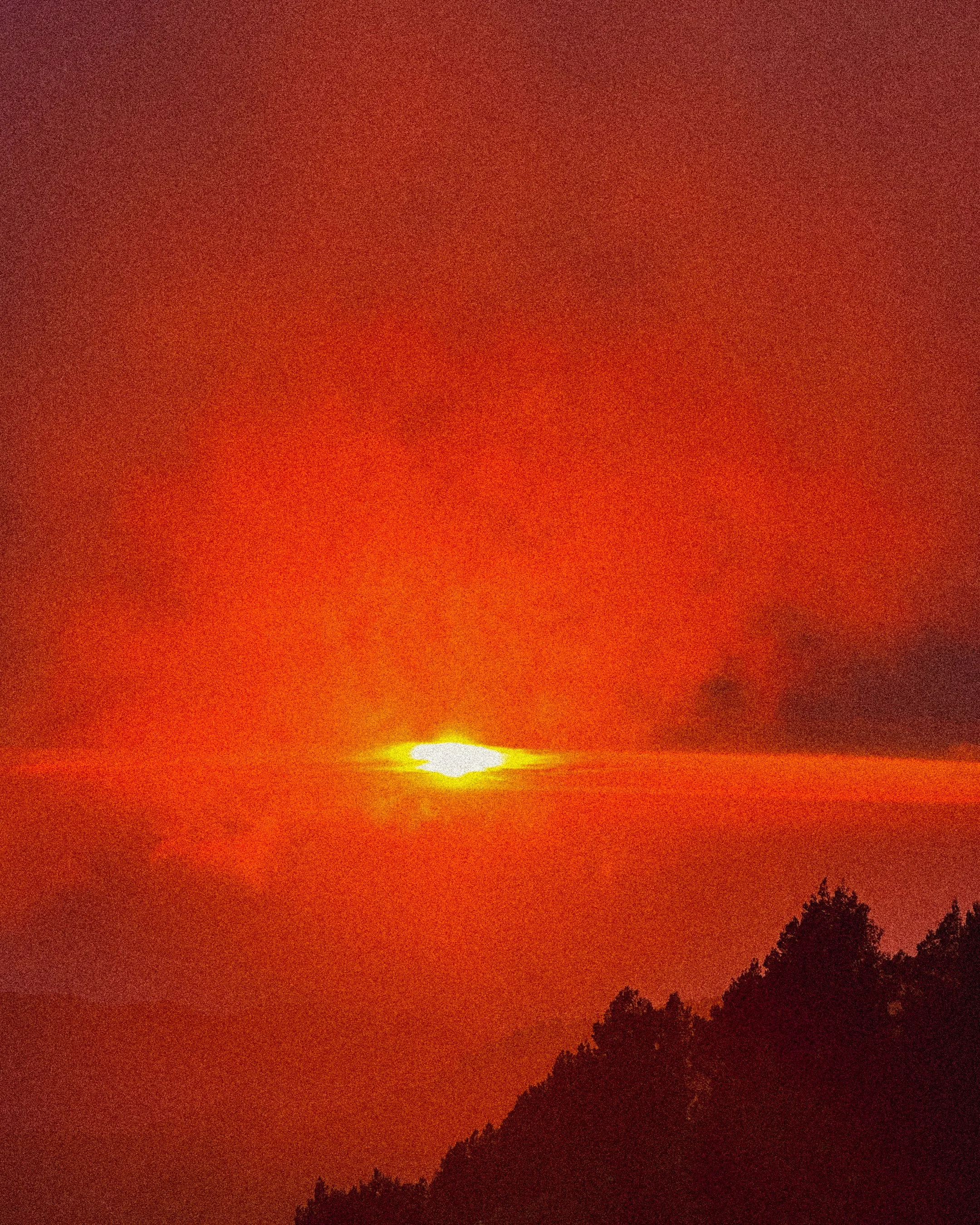 A sunset over a mountain with an orange and red sky and silhouetted trees in the foreground.