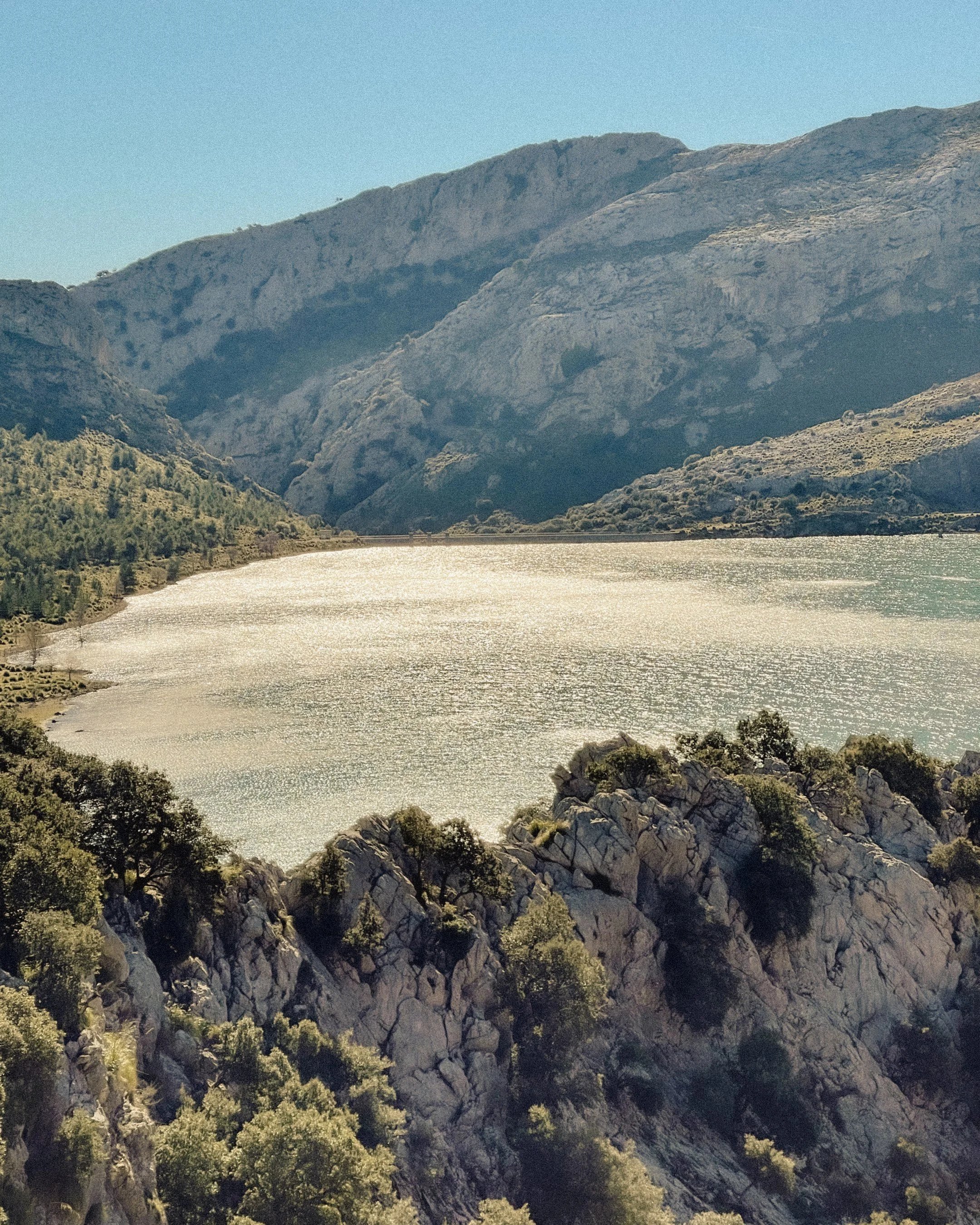 Scenic view of a large lake surrounded by mountains and rocky terrain, with sparse trees and a bright sky.