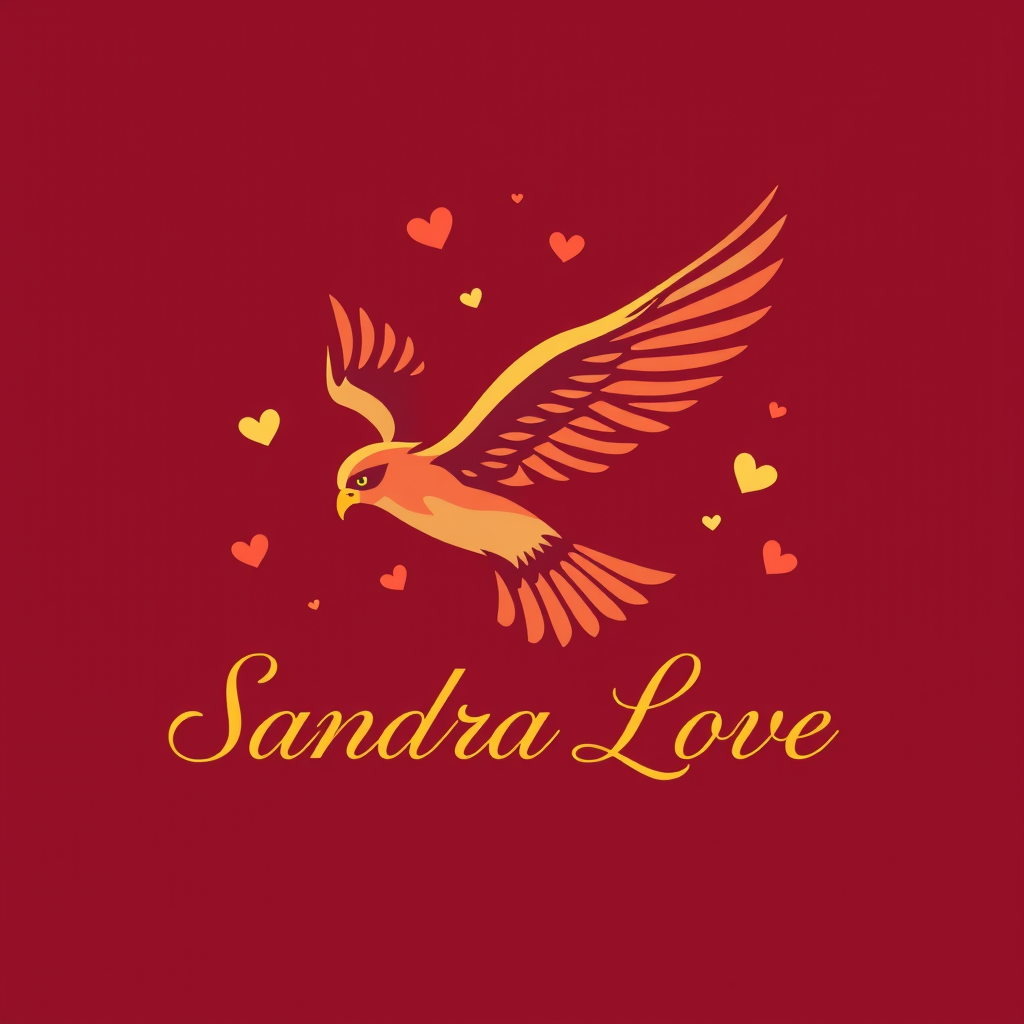 A graphic with a stylized orange and yellow bird flying among small floating hearts, and the text 'Sandra Love' written in yellow cursive font below.