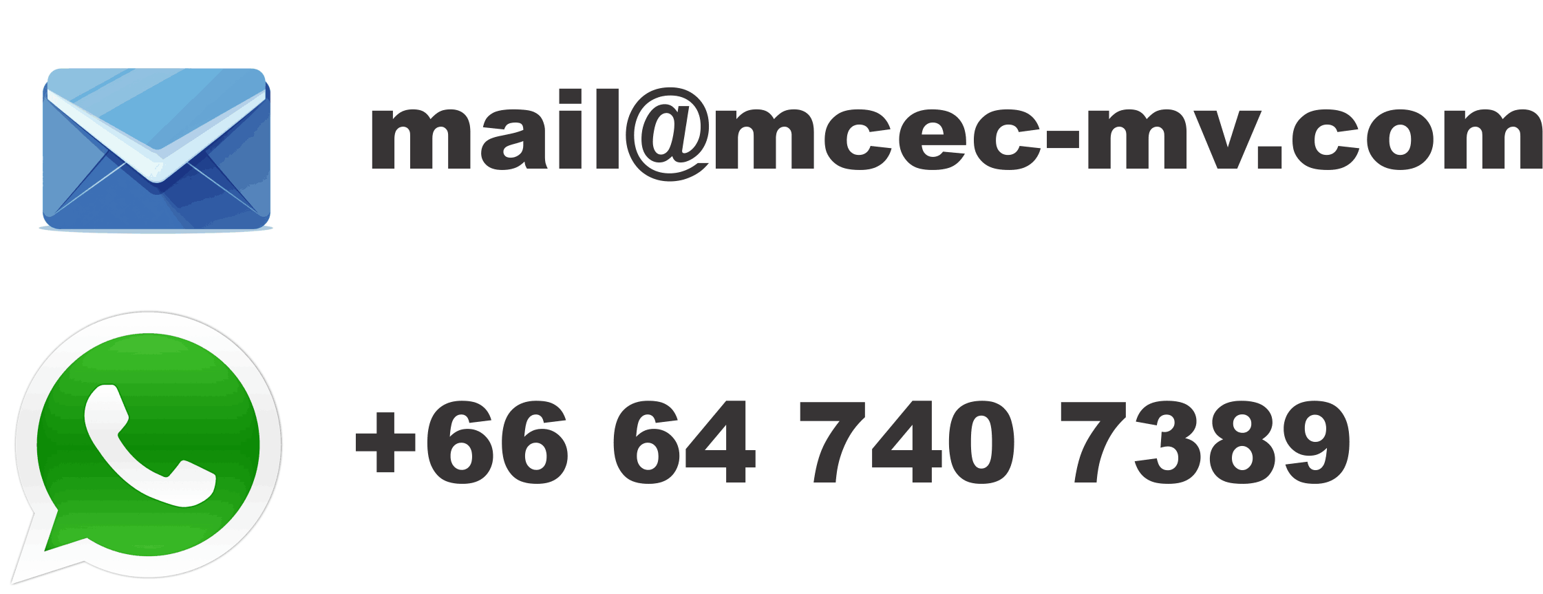 Email icon with the address mail@mec-mv.com and WhatsApp icon with the phone number +66 64 740 7389