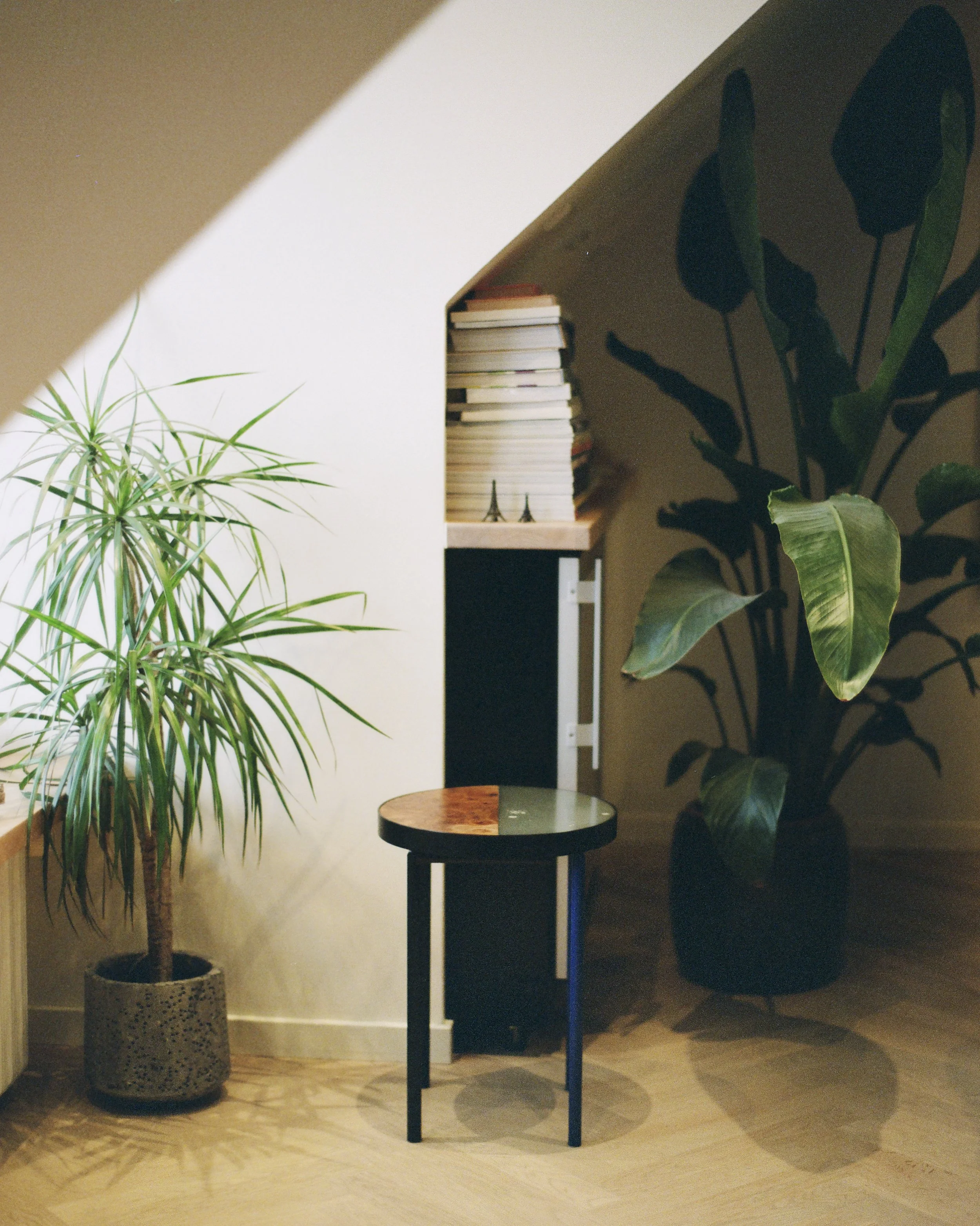 A cozy corner with potted green plants, a small round table with a wooden and green surface, a black cabinet, a stack of books, and a decorative Eiffel Tower figurine on a light wooden floor.