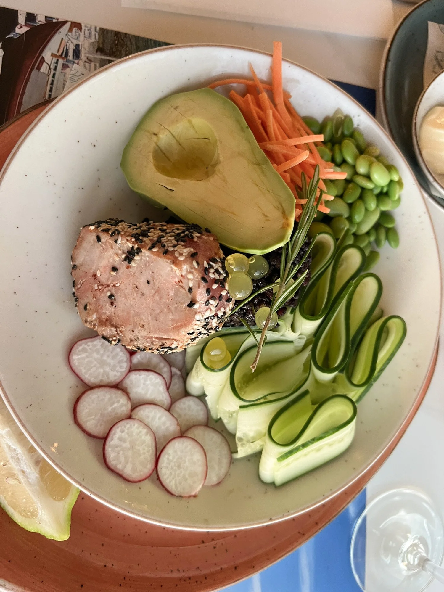 Bowl met tonijn, avocado, radijs en komkommer in Stilbaai, Zuid-Afrika.