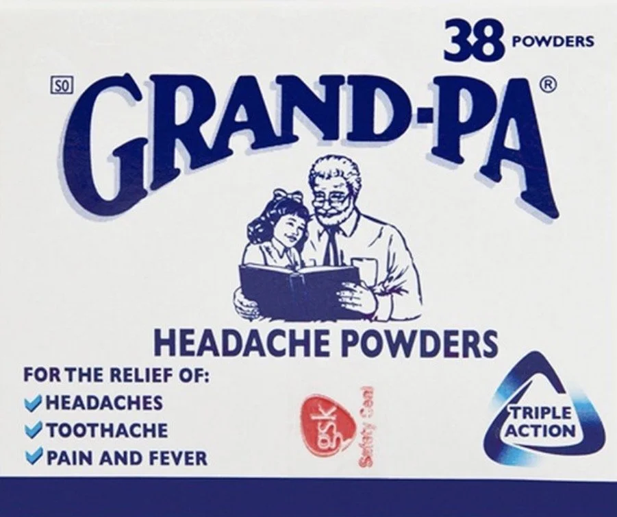 Verpakking Grand-Pa Headache Powders tegen hoofdpijn, tandpijn, pijn en koorts in Zuid-Afrika.