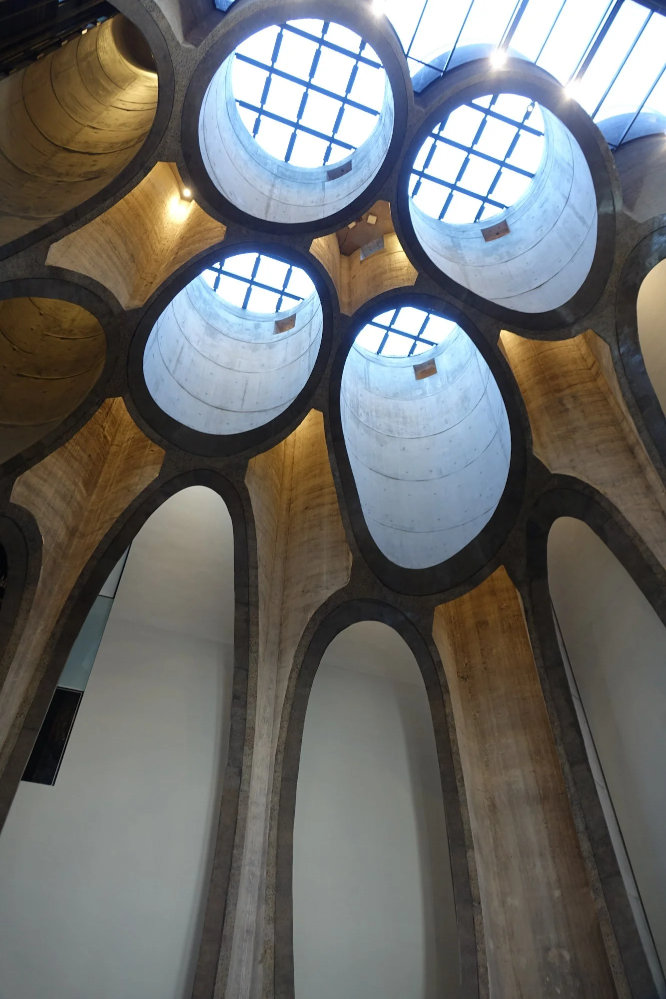 Interieur met ronde lichtkoepels in betonnen architectuur in Kaapstad.