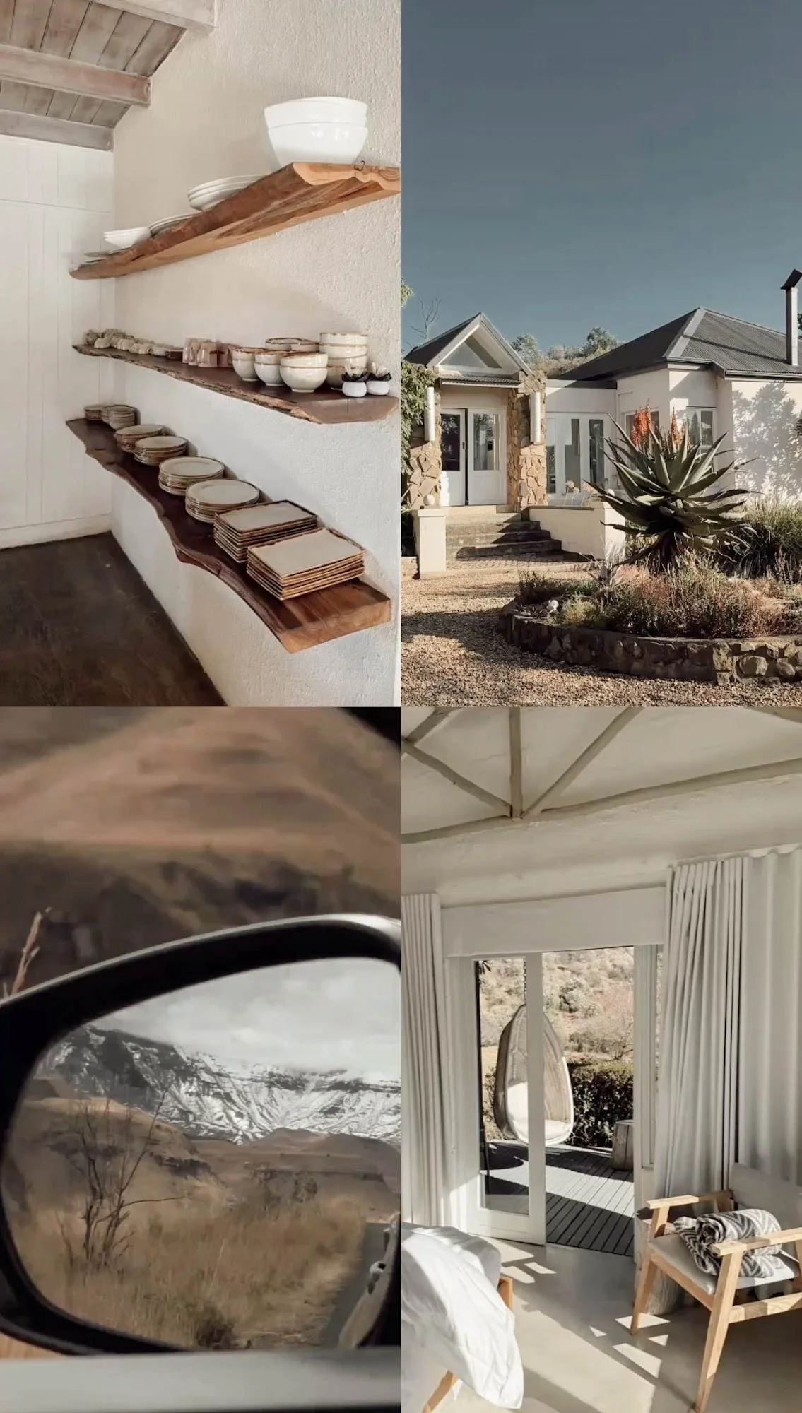 Collage van servies, het lodgegebouw, het uitzicht en een lichte kamer bij Qambathi Mountain Lodge in Kamberg.