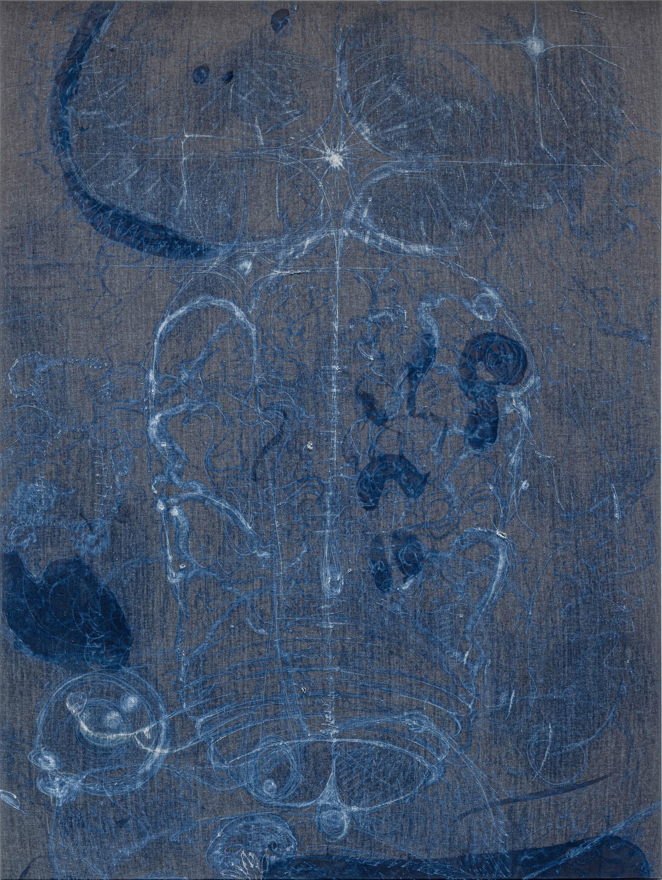 father's milky/milky way, 2025, abraisions, fabric softener, bleach any cyanotype on denim, 180 x 135 cm