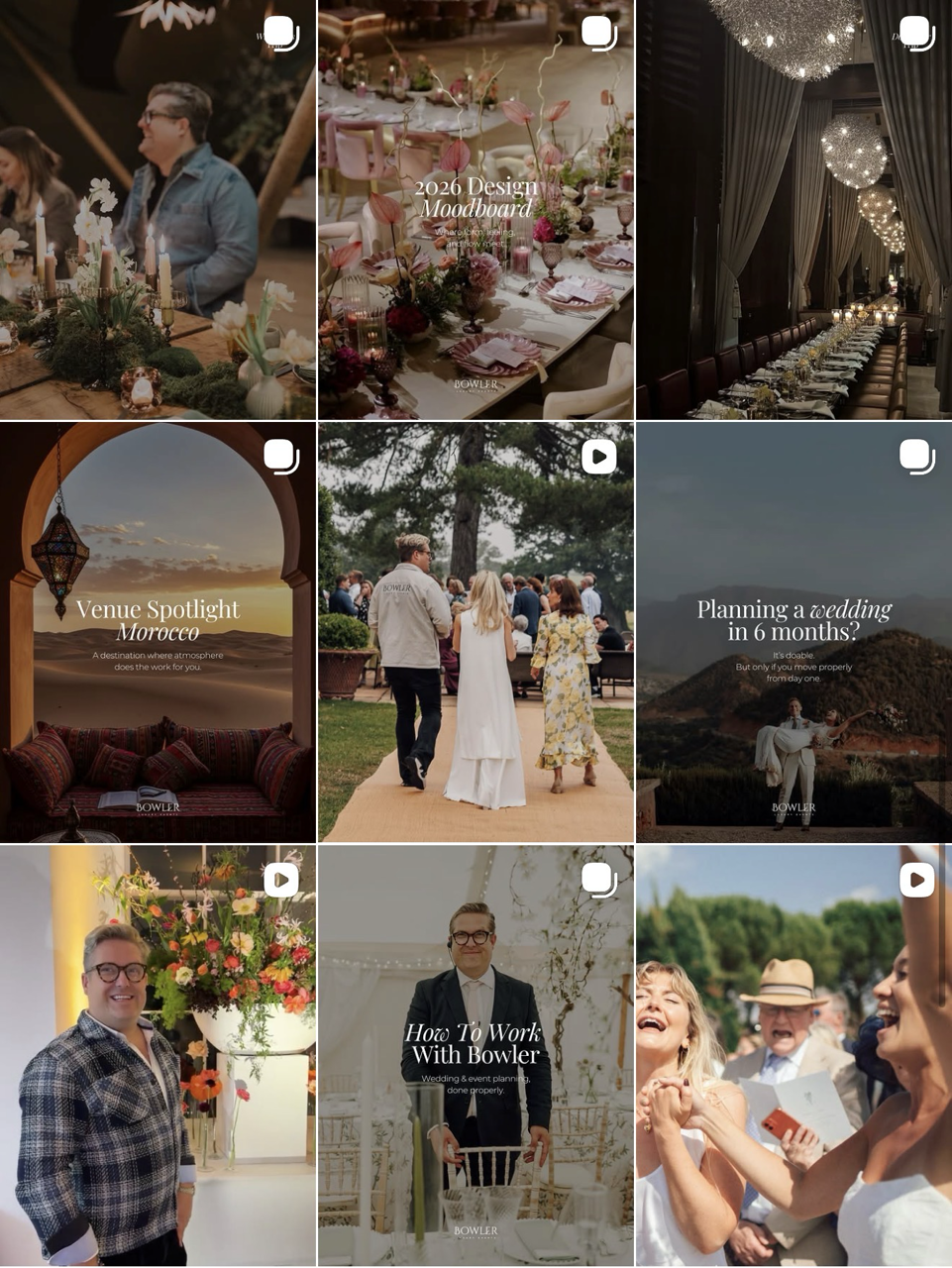 Collage of wedding-related scenes including a dinner table setup, floral arrangements, a couple walking outdoors, a man with woman, and floral decorations at a wedding venue.