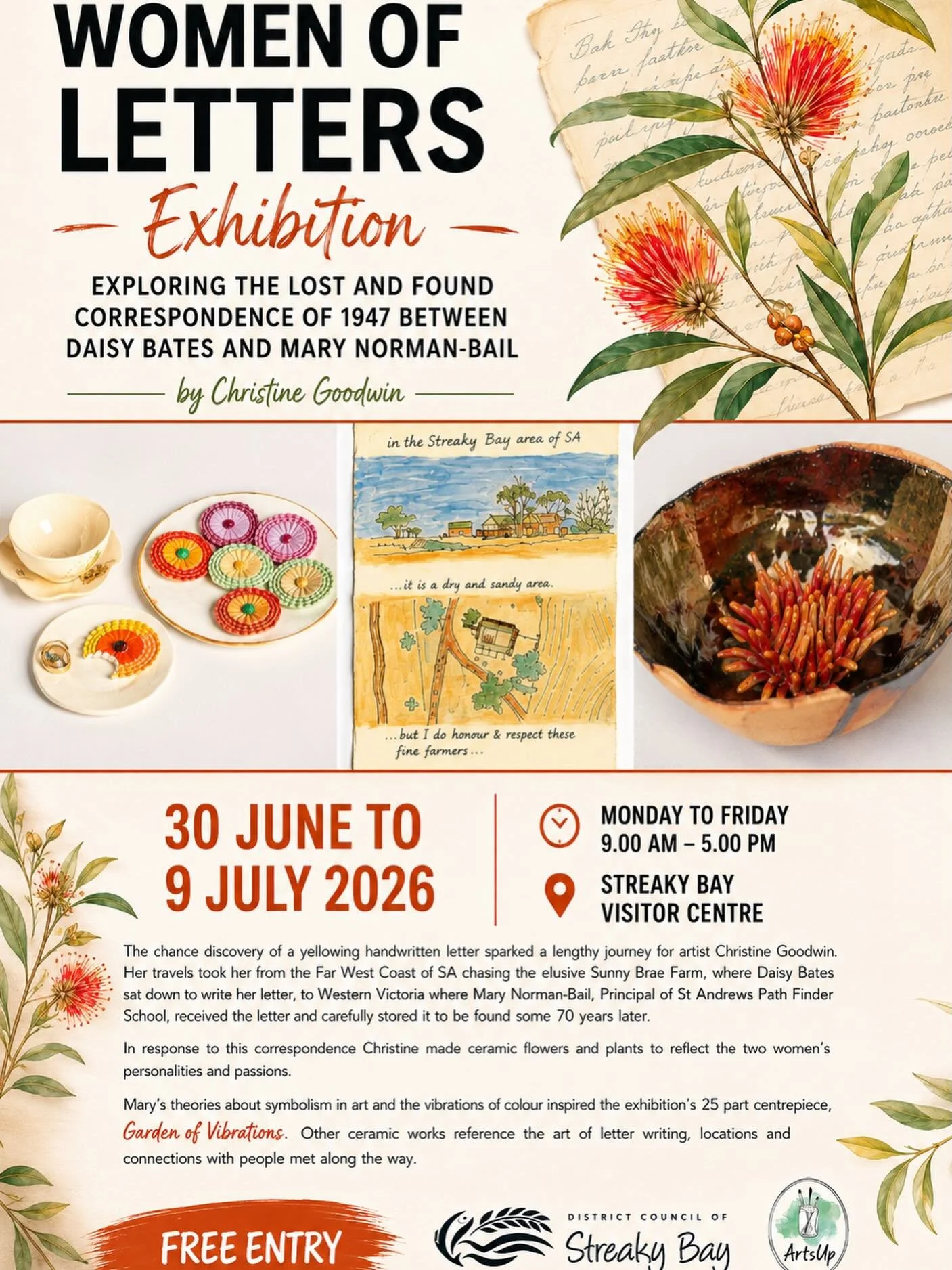 ✨ WOMEN OF LETTERS EXHIBITION ✨

Step into a remarkable story of connection, creativity and discovery.

Artist @christineg_goolwa latest exhibition explores the lost and found correspondence of 1947 between Daisy Bates and Mary Norman-Bail. What bega