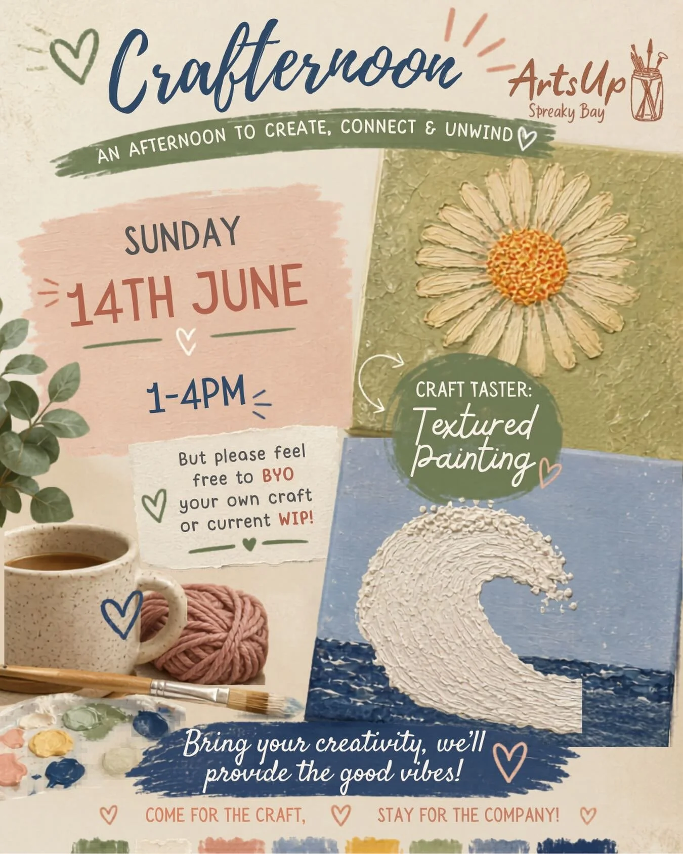 🎨☕ CRAFTERNOON ☕🎨

Looking for a few hours to unwind, create and connect?

Join us on Sunday 14th June from 1&ndash;4pm for a relaxed afternoon of crafting and conversation.

@ the ArtShack Slidys Rd, Streaky Bay. 

This month&rsquo;s craft taster 