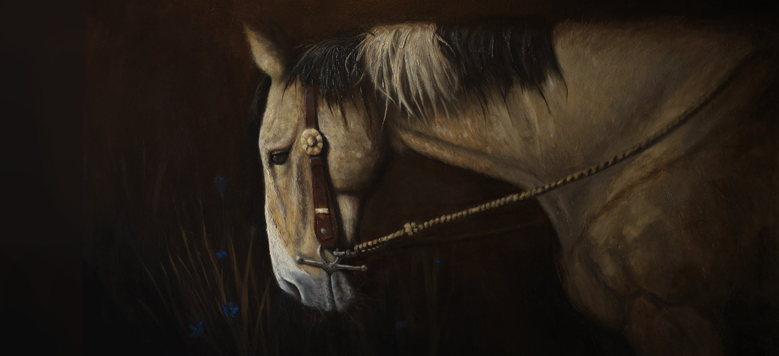 Western horse painting of a buckskin paint pony, oil on canvas , equine portraits in Montgomery, Texas by Avery Standard