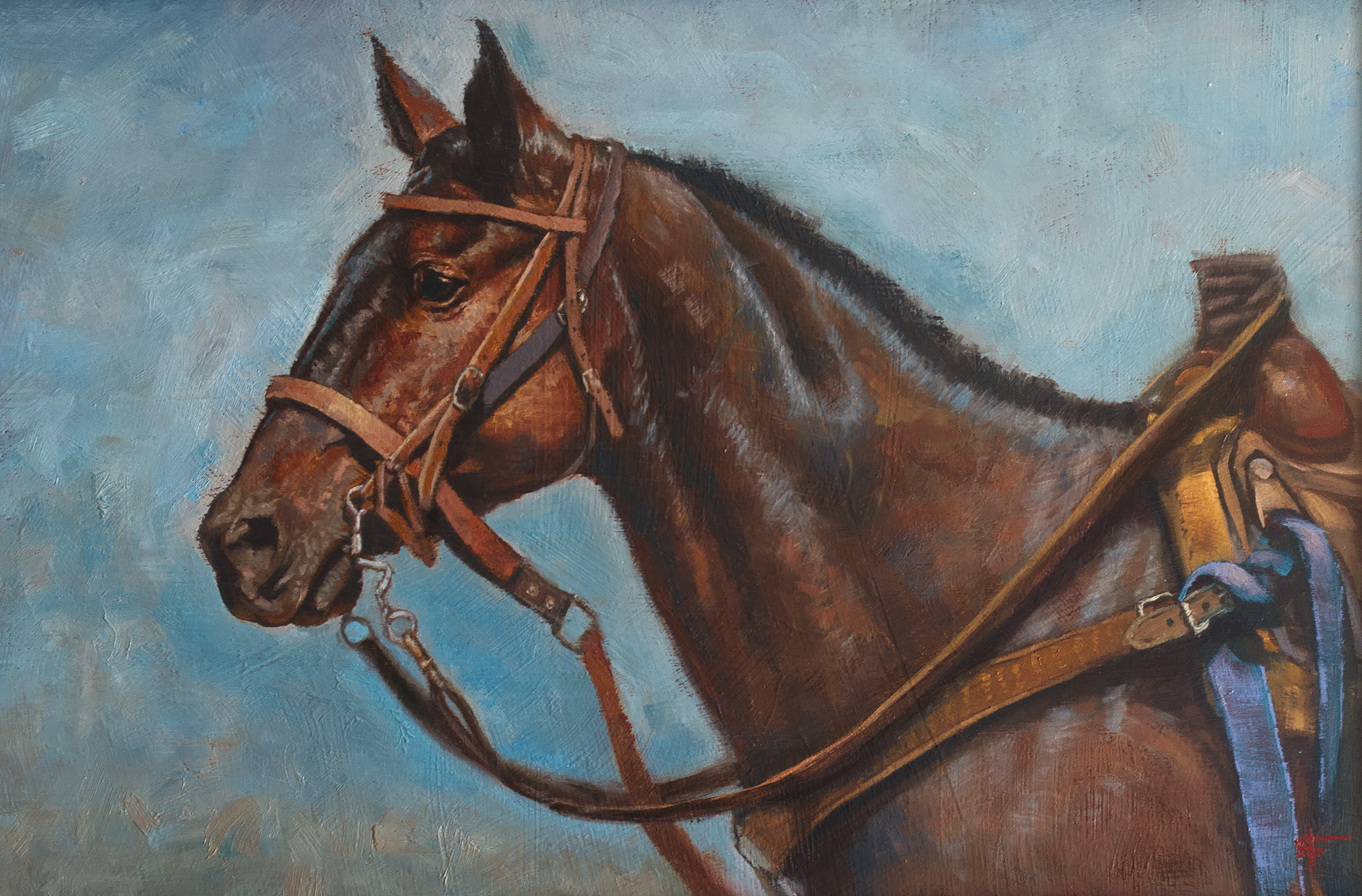 Painting of a Chestnut pickup horse with a black mane and a brown bridle against a light blue sky background. Heavy textured brushwork in the oil paint.