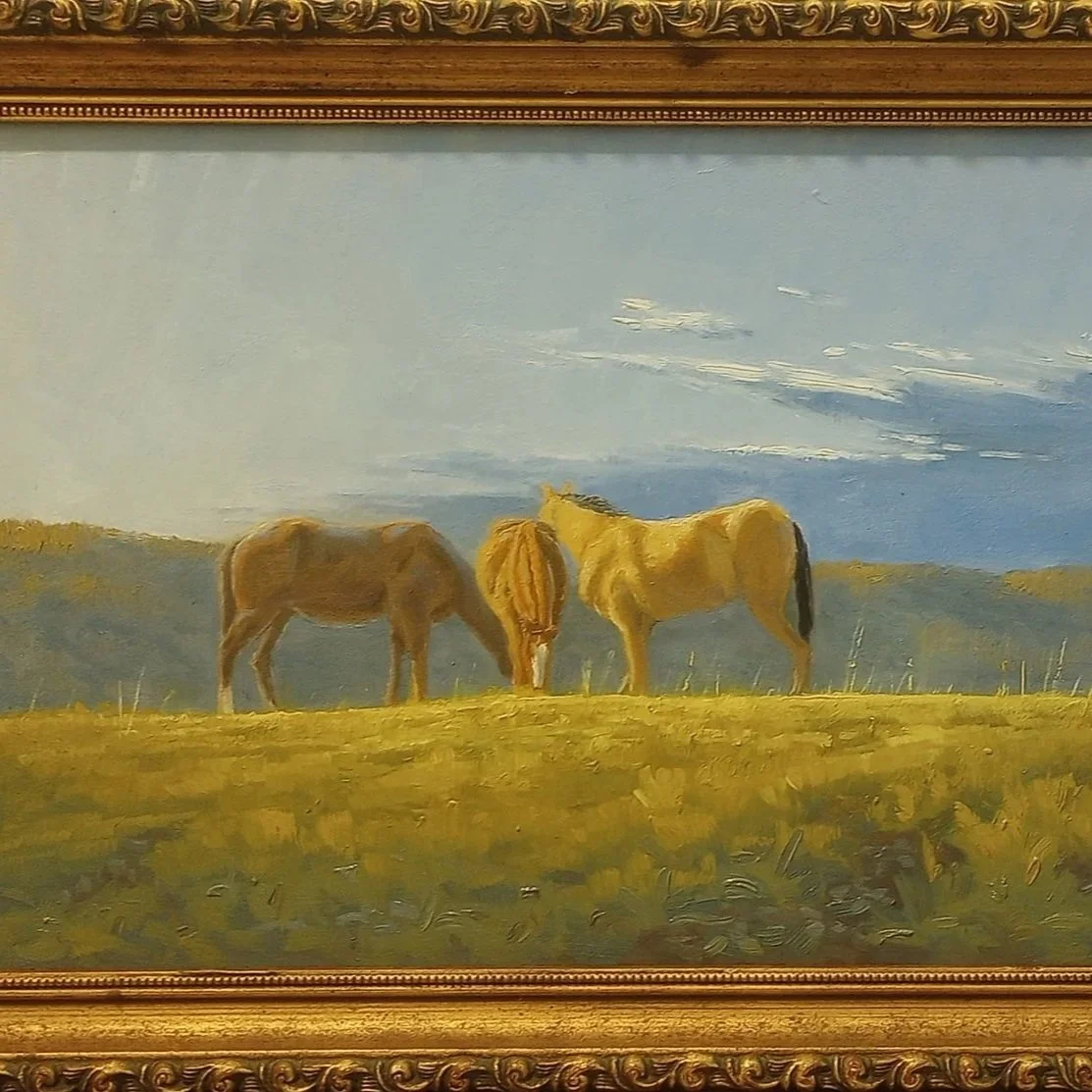 Western art showing several quarter horses grazing at sunrise. The piece is titled "Meeting in the High Country"