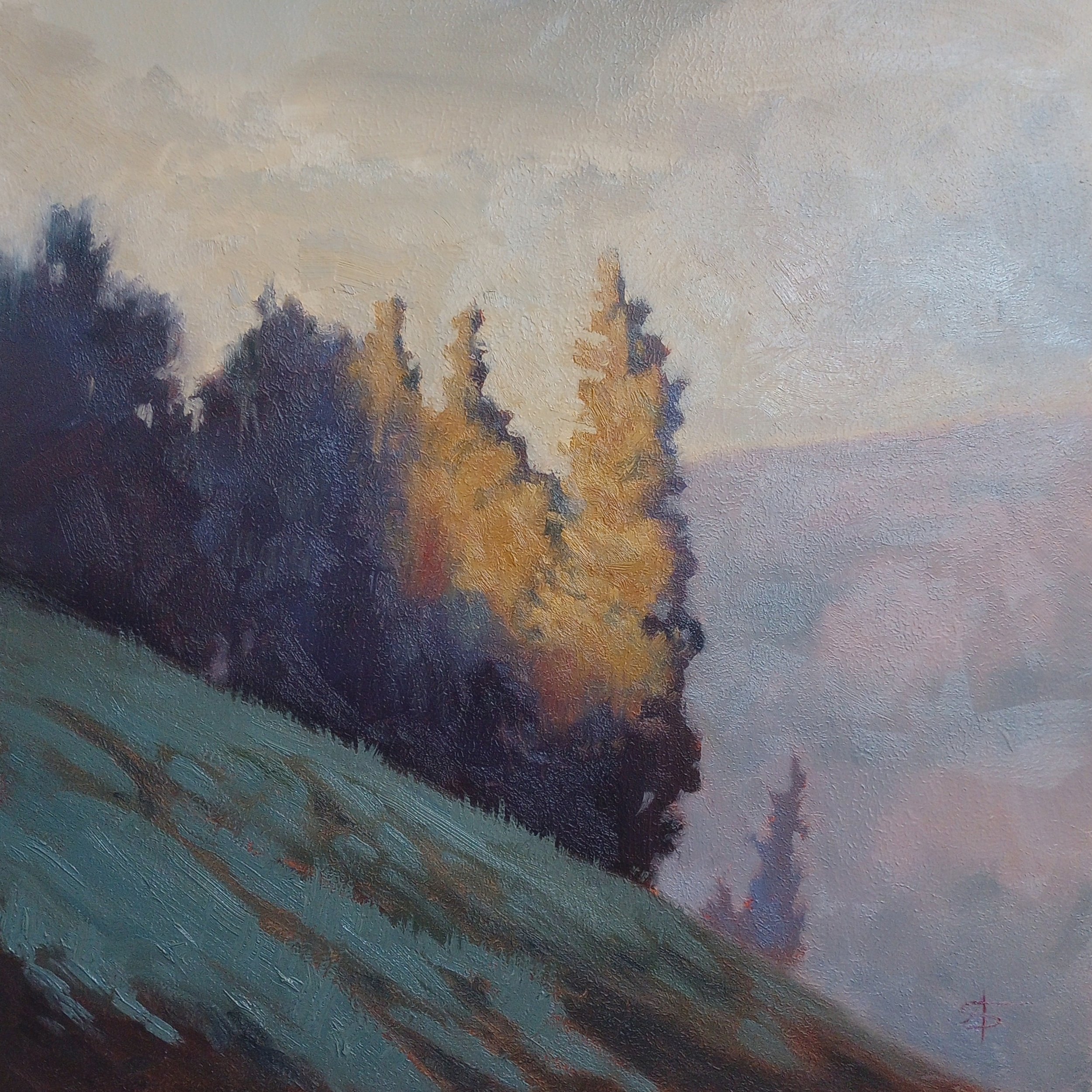 An oil painting of Colorado landscape showing a steep hillside with sunlit trees. The mountains in the background are receded far into the distance. Blues, purples, gold and green tones show through transparent and textured impasto layers of paint.