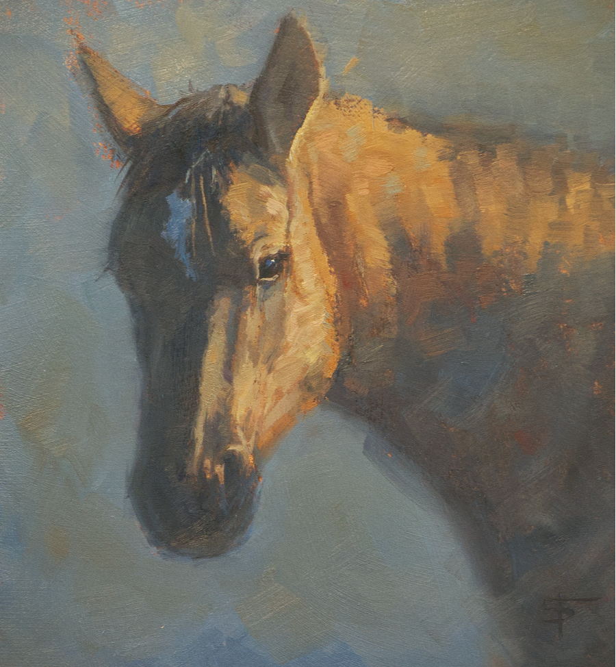 Small oil painting of a foal quarter horse in colorful morning light