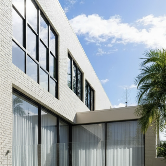 Modern building with large glass windows and white brick exterior under partly cloudy sky, with palm tree visible on the right.