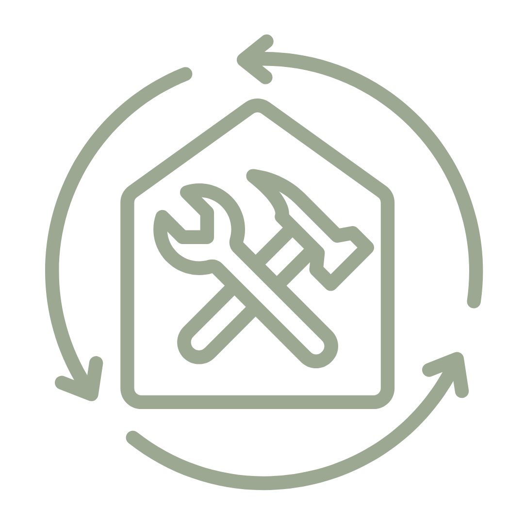 Icon of a house with a wrench and hammer inside, surrounded by circular arrows indicating repair or maintenance, representing home repair or renovation services.