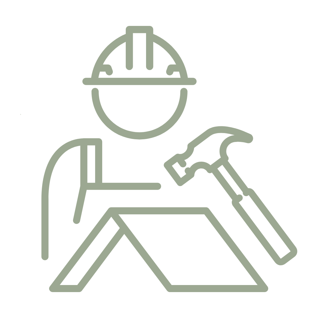 Outline of construction worker with helmet, hammer, and work table.