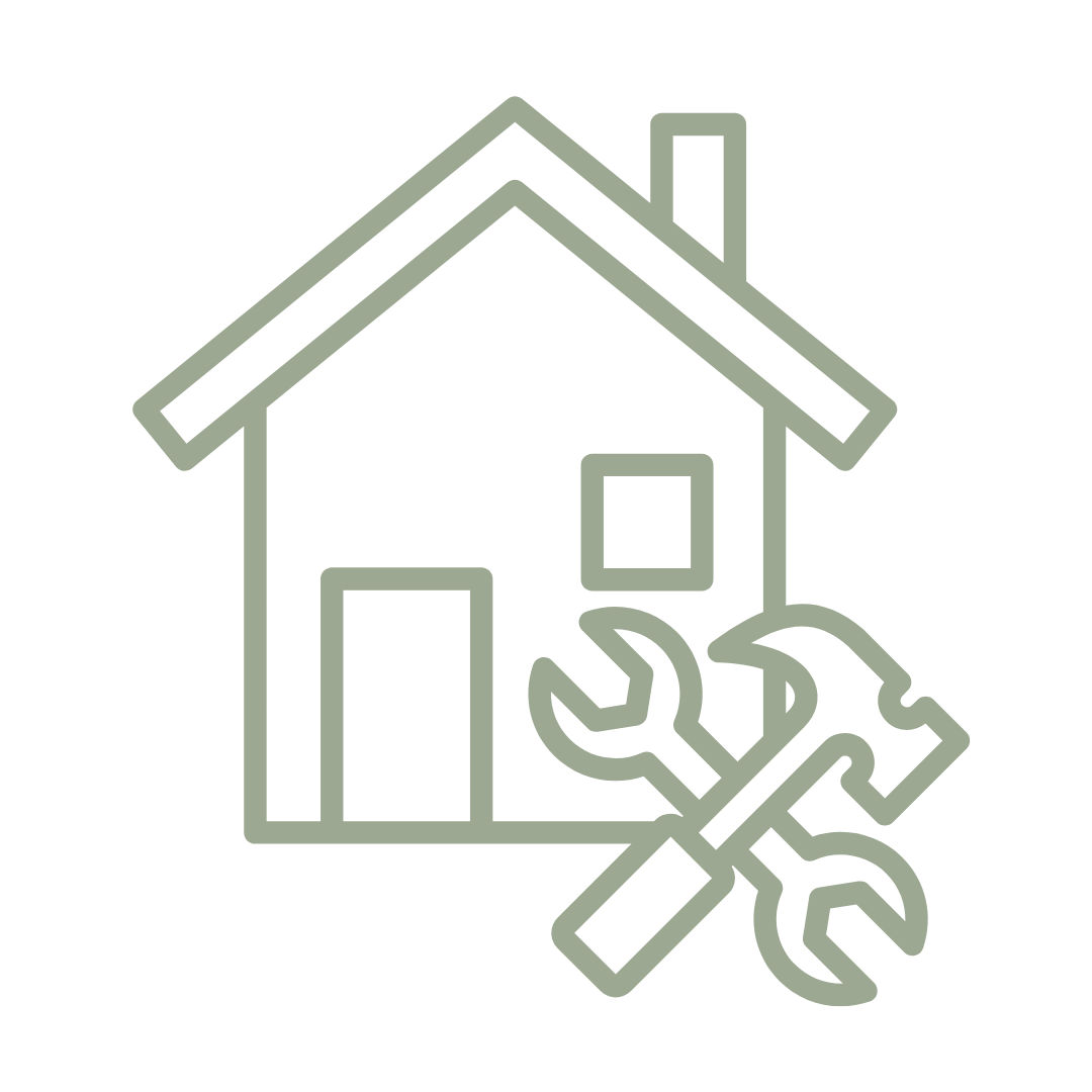 Icon of a house with crossed wrench and hammer tools in front.