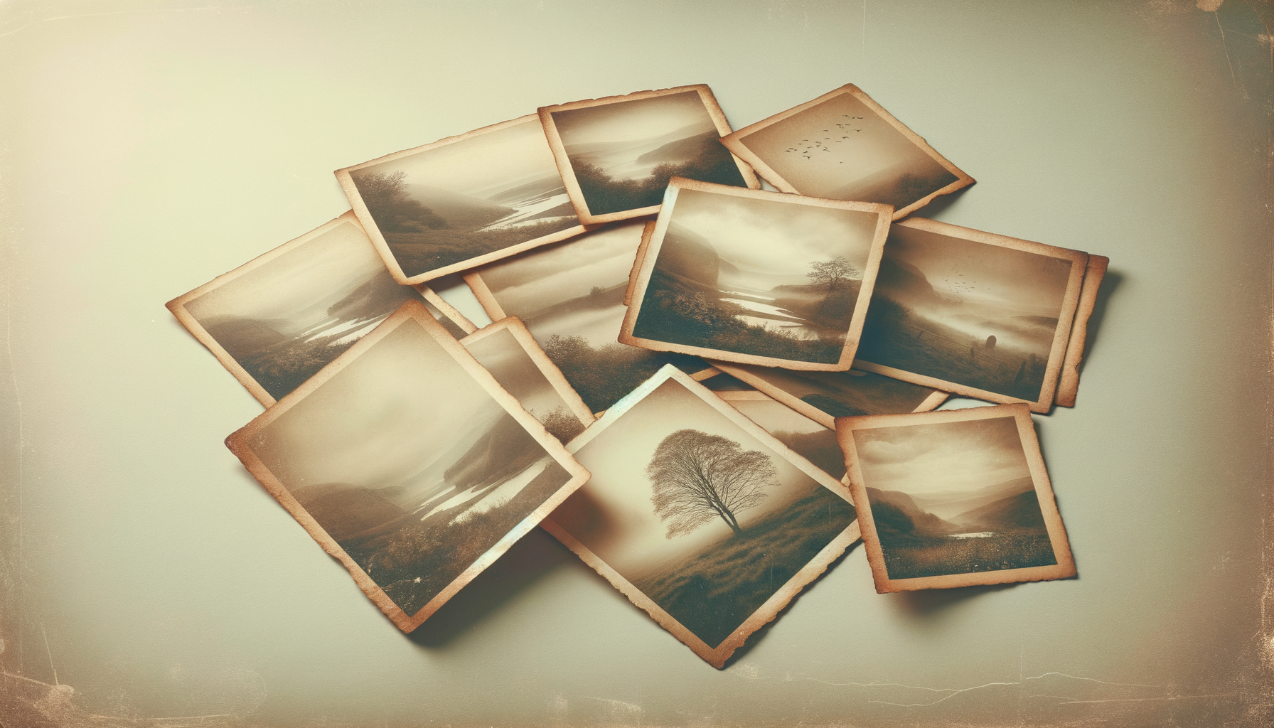 A scattered collection of sepia-toned, vintage-style photographs depicting landscapes with mountains, water, trees, and fog on a light, slightly gradient background.