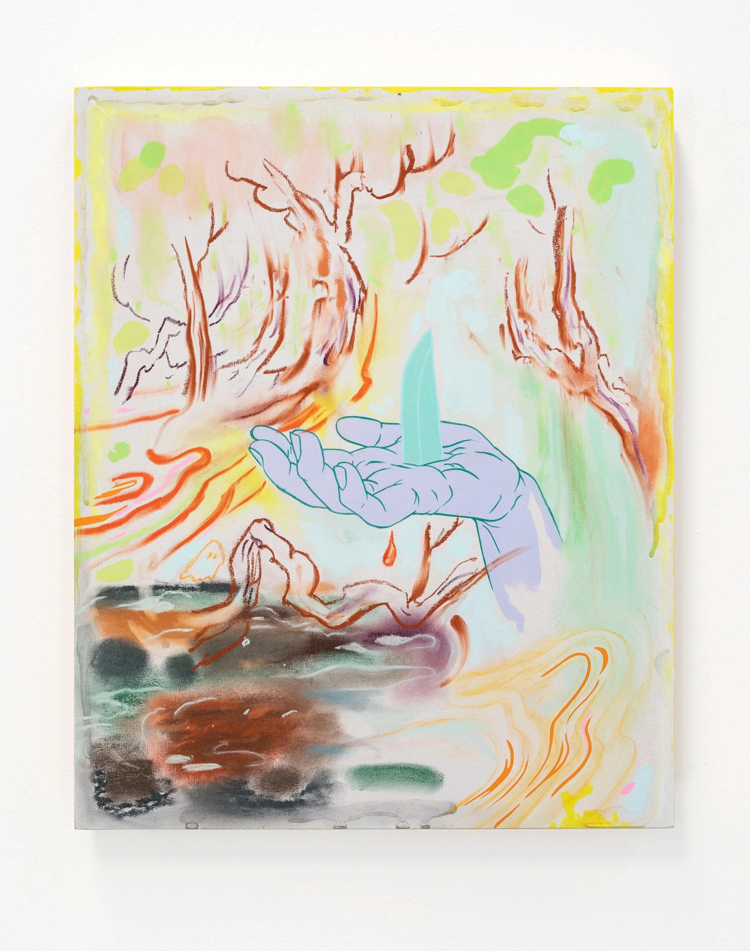 Tree of knives, 2023, Jess Bradford & Louise Zhang, pastel and acrylic on board, 50 x 40cm