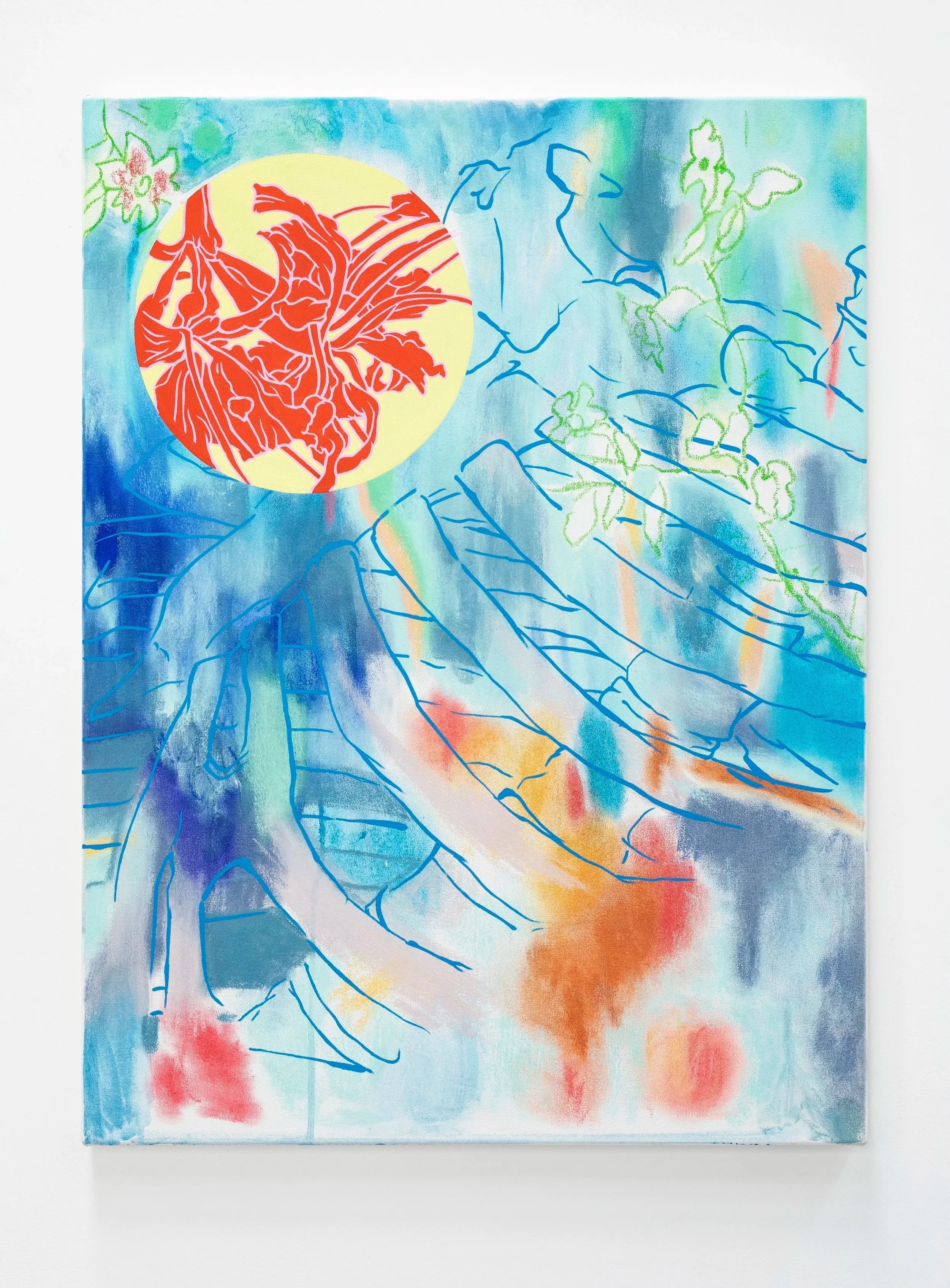 Nature cutting straight through me, 2023, Jess Bradford & Louise Zhang, pastel and acrylic on canvas, 82 x 62cm