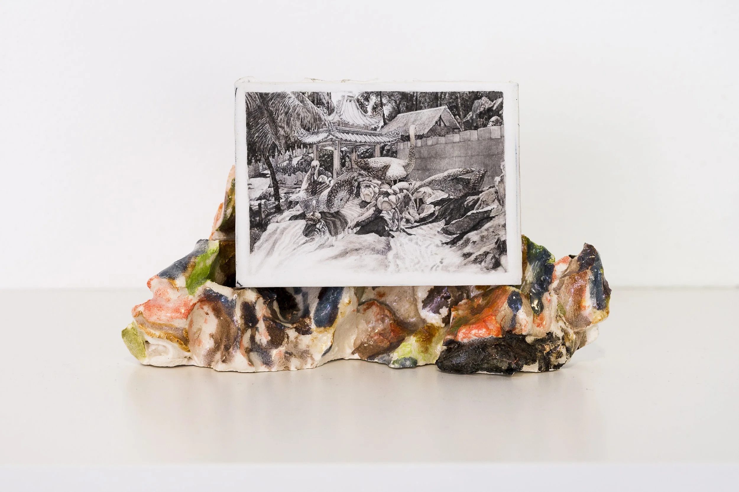 Haw Par Villa #4 (Swans), 2016, pastel and liquid pencil on primed aluminium plate on top of underglazed ceramic, 9 x 16 x 8.5 cm