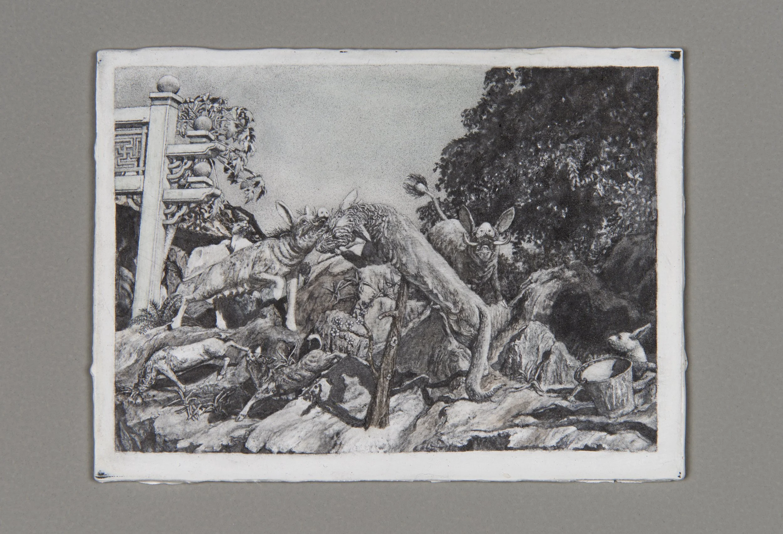 Haw Par Villa #10 (The Wild Sow and the Tame Boar), 2022, pastel and liquid pencil on primed aluminium plate, approx. 6 x 8.5cm