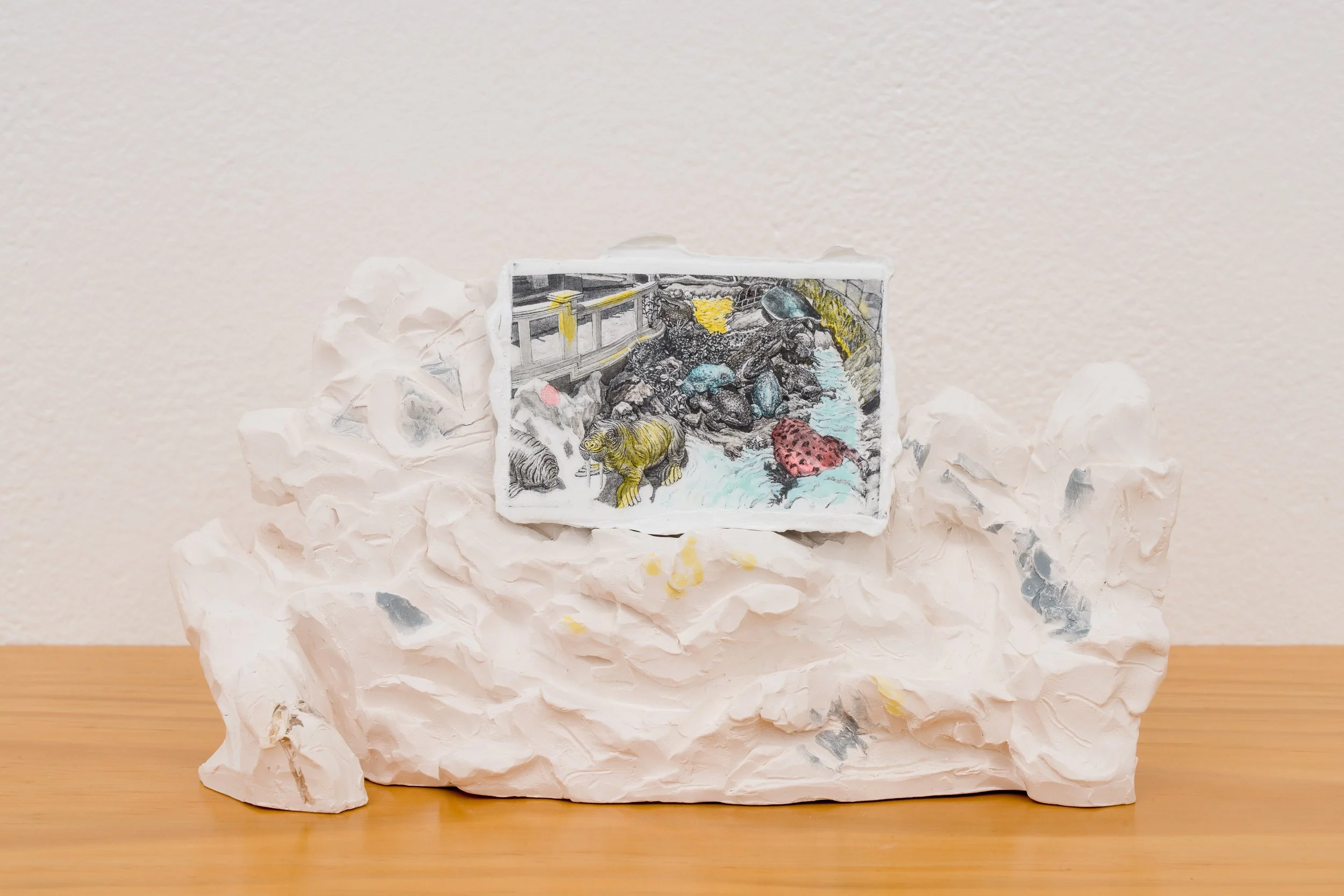 Haw Par Villa #11 (A Dream of Water), 2022, pastel and liquid pencil on primed zinc plate on top of bisque  fired porcelain, 12 x 21 x 9 cm
