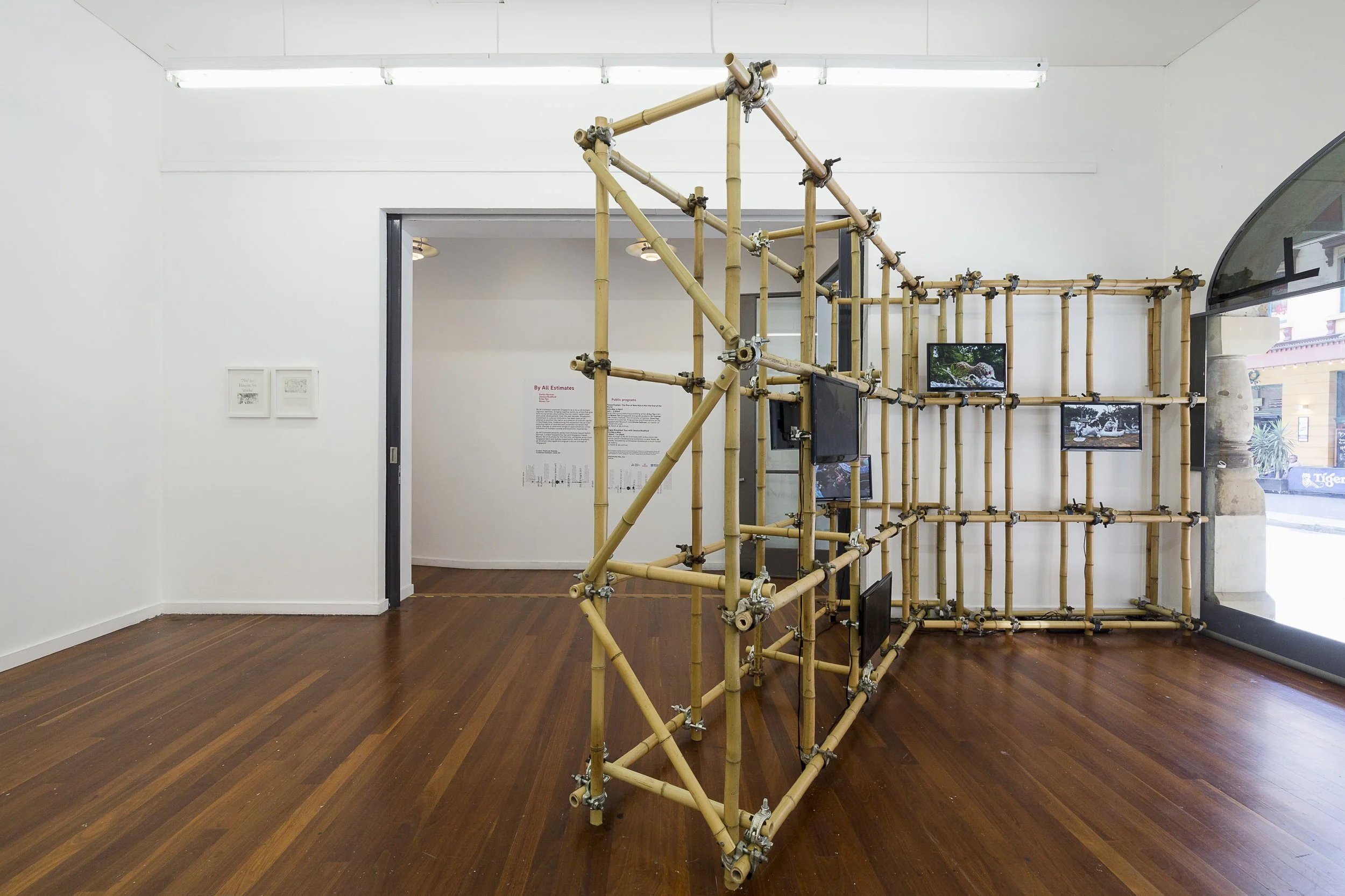 Haw Par Villa - Video Snapshots series, 2016-2019, looping single-channel video, screens, bamboo, metal scaffold couplers, approx. 240 x 348 x 320cm