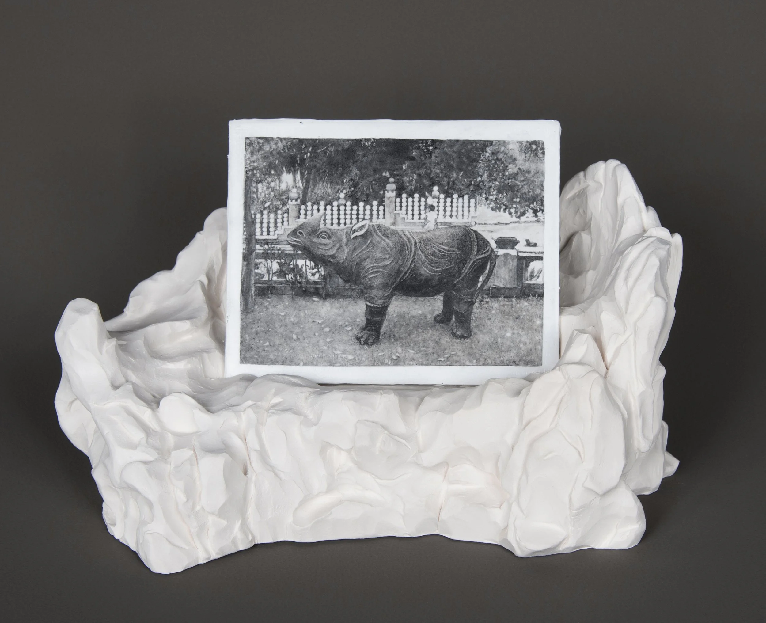 Haw Par Villa #7 (Rhino), 2018, pastel and liquid pencil on primed aluminum sheet on top of bisque fired porcelain, 9 x 17 x 10cm