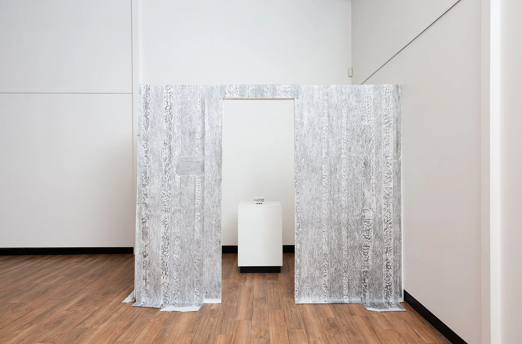 Slab Hut - Relocated, 2014,
graphite, rice paper, timber, pastel and liquid pencil on aluminium, dimensions variable