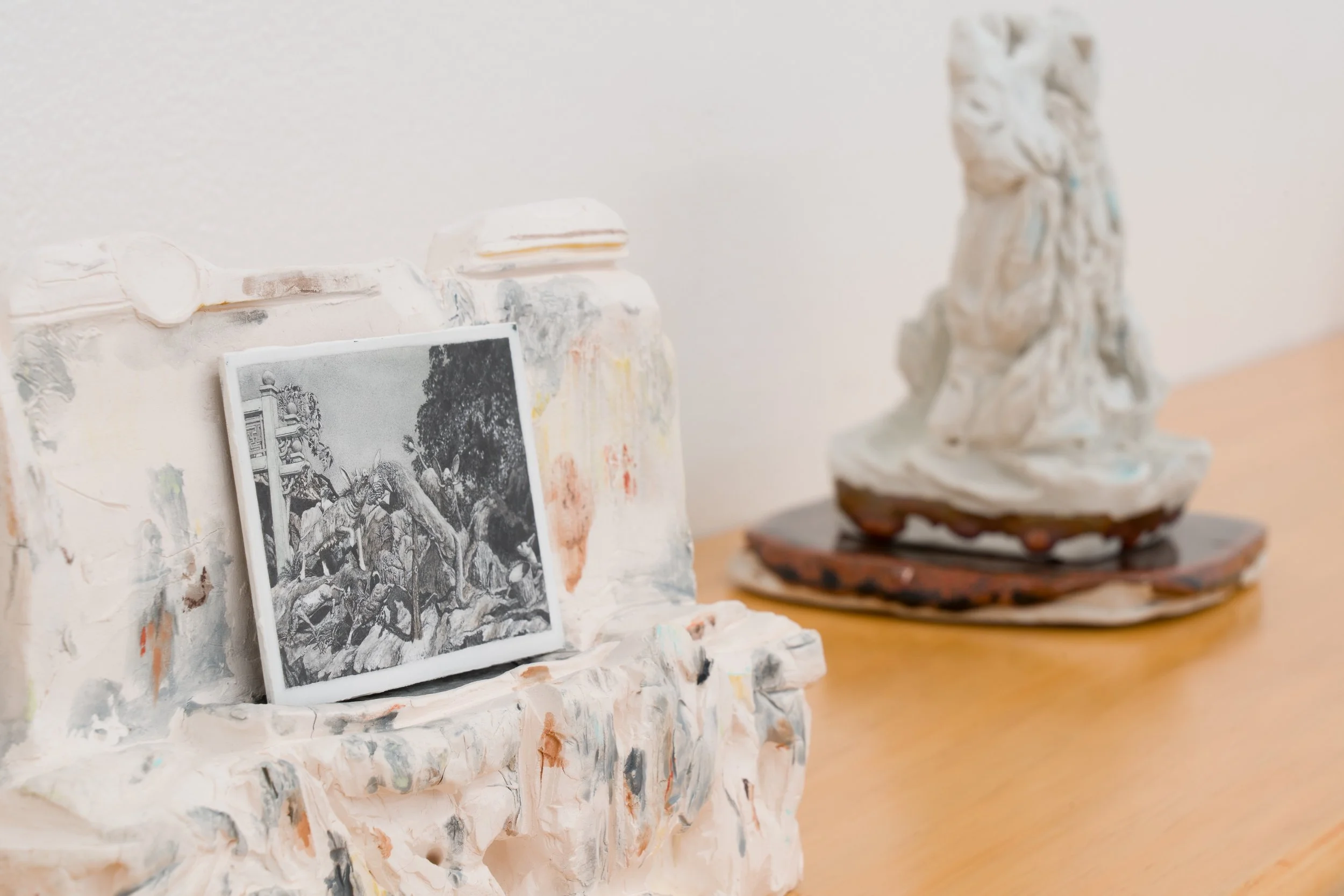 Haw Par Villa #10 (The Wild Sow and the Tame Boar), 2022 , pastel and liquid pencil on primed aluminium plate on top of  bisque fired porcelain, 13 x 25 x 6 cm