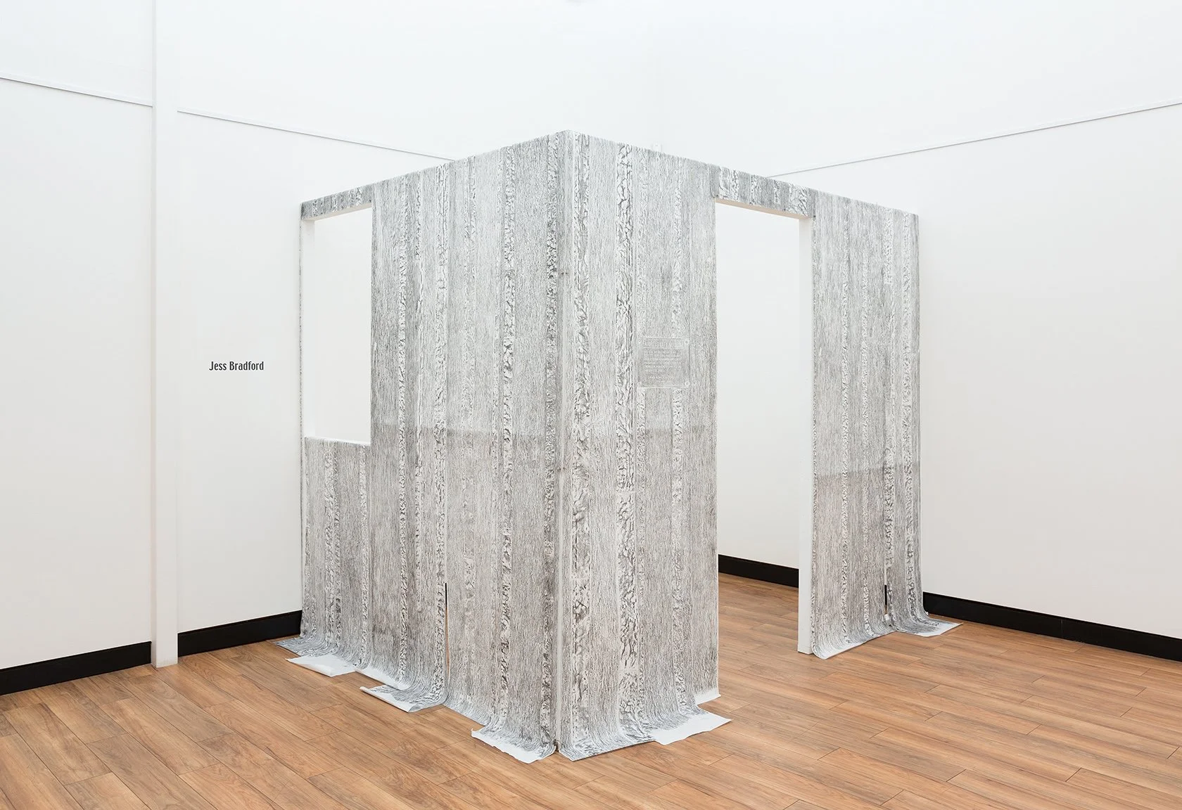 Slab Hut - Relocated, 2014,
graphite, rice paper, timber, pastel and liquid pencil on aluminium, dimensions variable