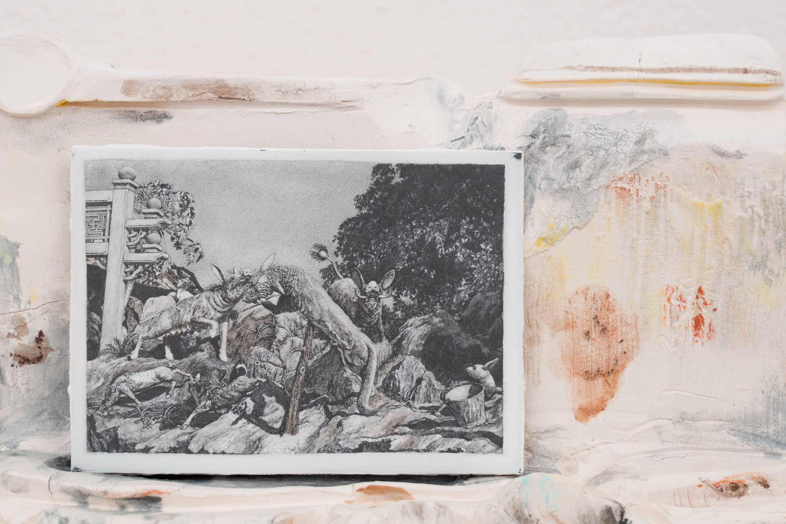 Haw Par Villa #10 (The Wild Sow and the Tame Boar), 2022 , pastel and liquid pencil on primed aluminium plate on top of  bisque fired porcelain, 13 x 25 x 6 cm
