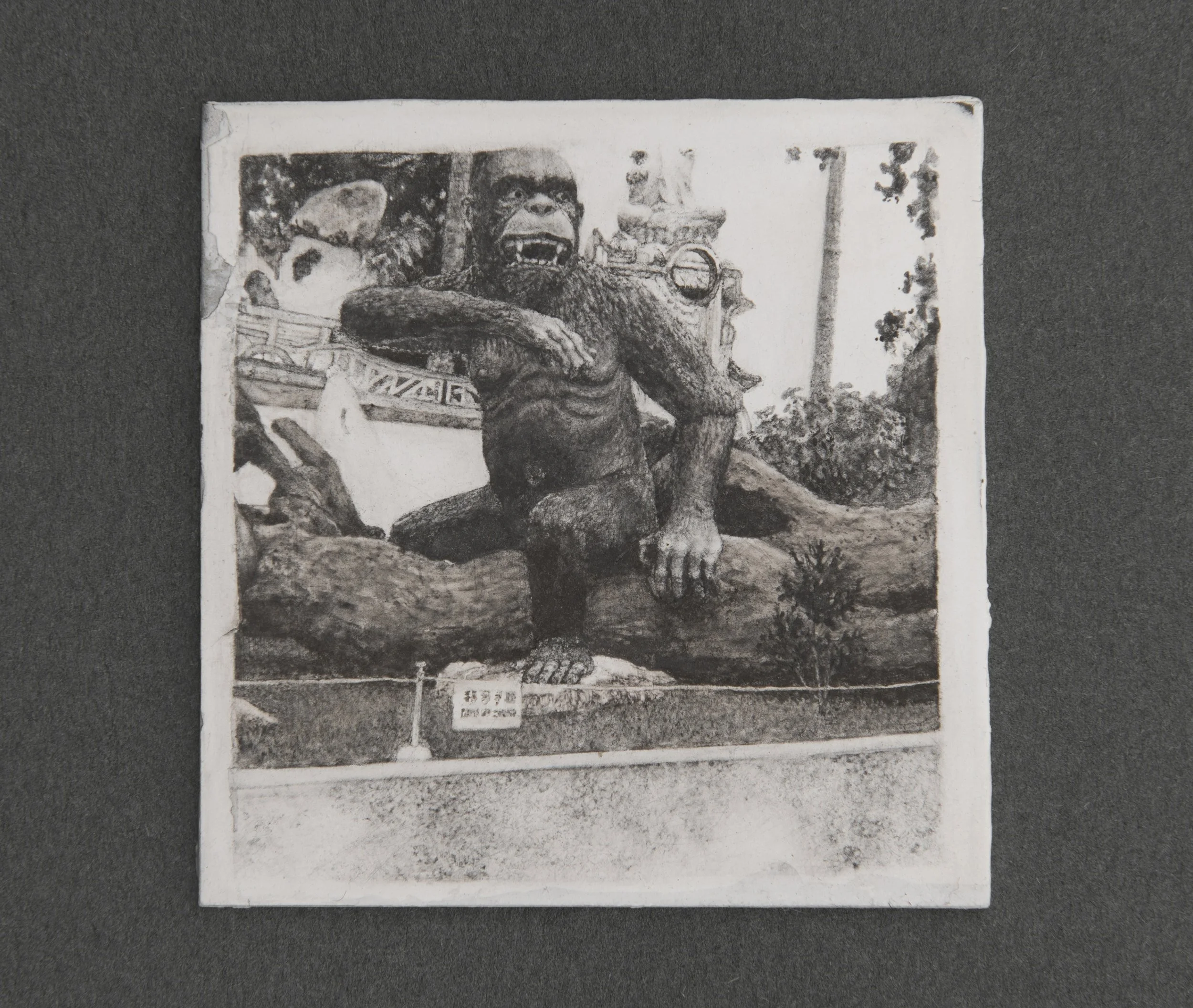 Haw Par Villa #3 (Ape), 2017 (close up) 
pastels and liquid pencil on primed aluminium, 6.5 x 6 cm