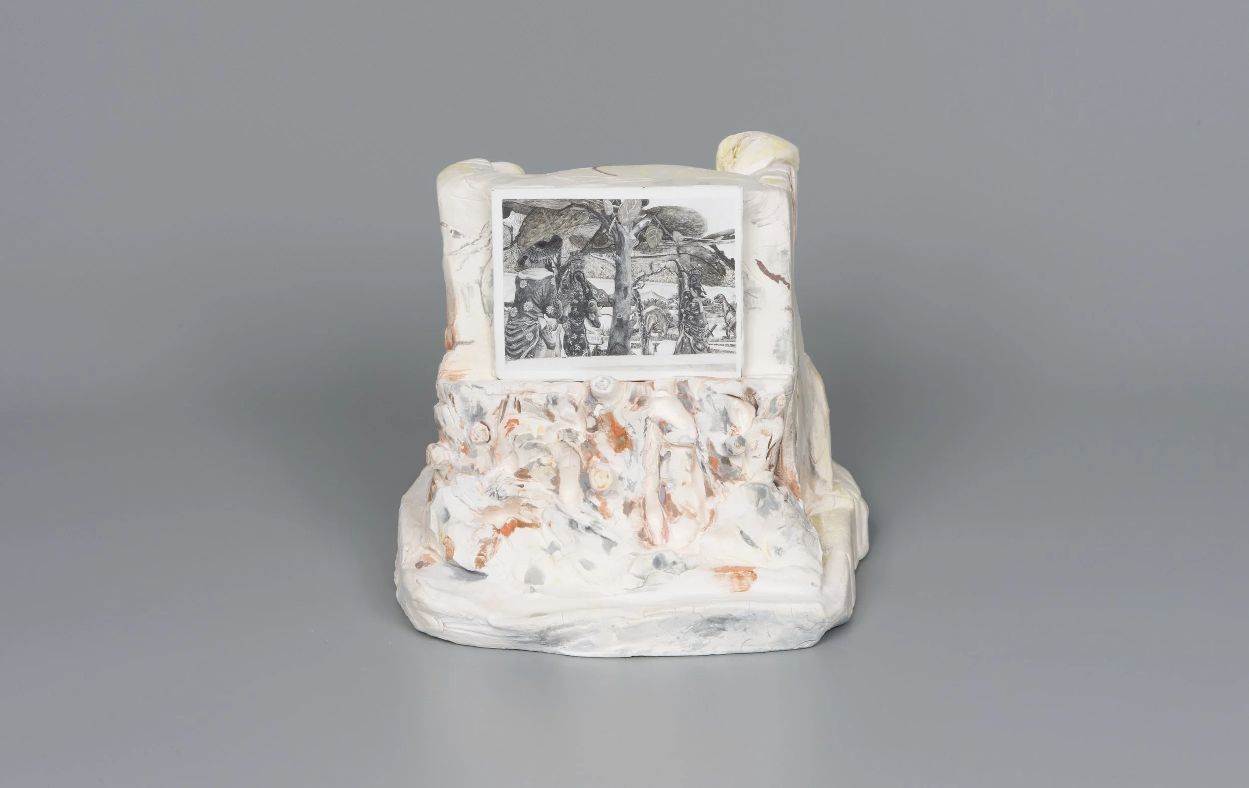 Haw Par Villa #9 (Here For All of Time) 2022, pastel and liquid pencil on primed aluminium plate on top of  bisque fired porcelain, 16 x 15.5 x 16.5 cm.