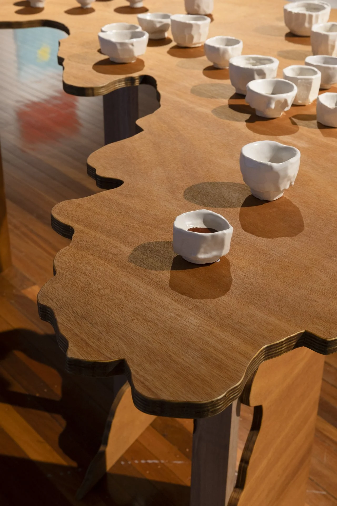 If I don’t finish my tea, could I remember you?, Jess Bradford & Louise Zhang, 2023, Plywood, Tasmanian oak, glazed porcelain, approx 105 x 206 x 133cm.