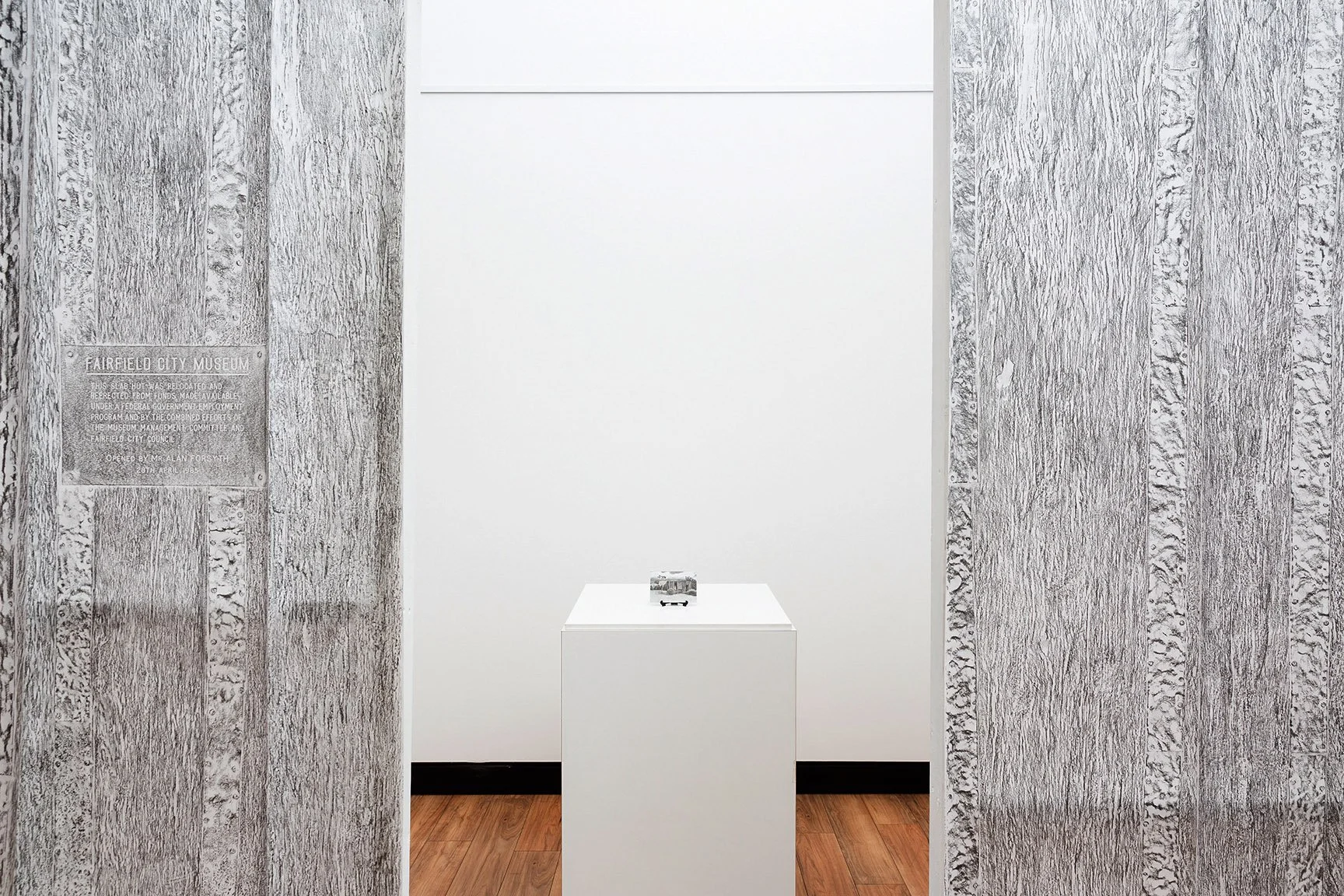 Slab Hut - Relocated, 2014,
graphite, rice paper, timber, pastel and liquid pencil on aluminium, dimensions variable