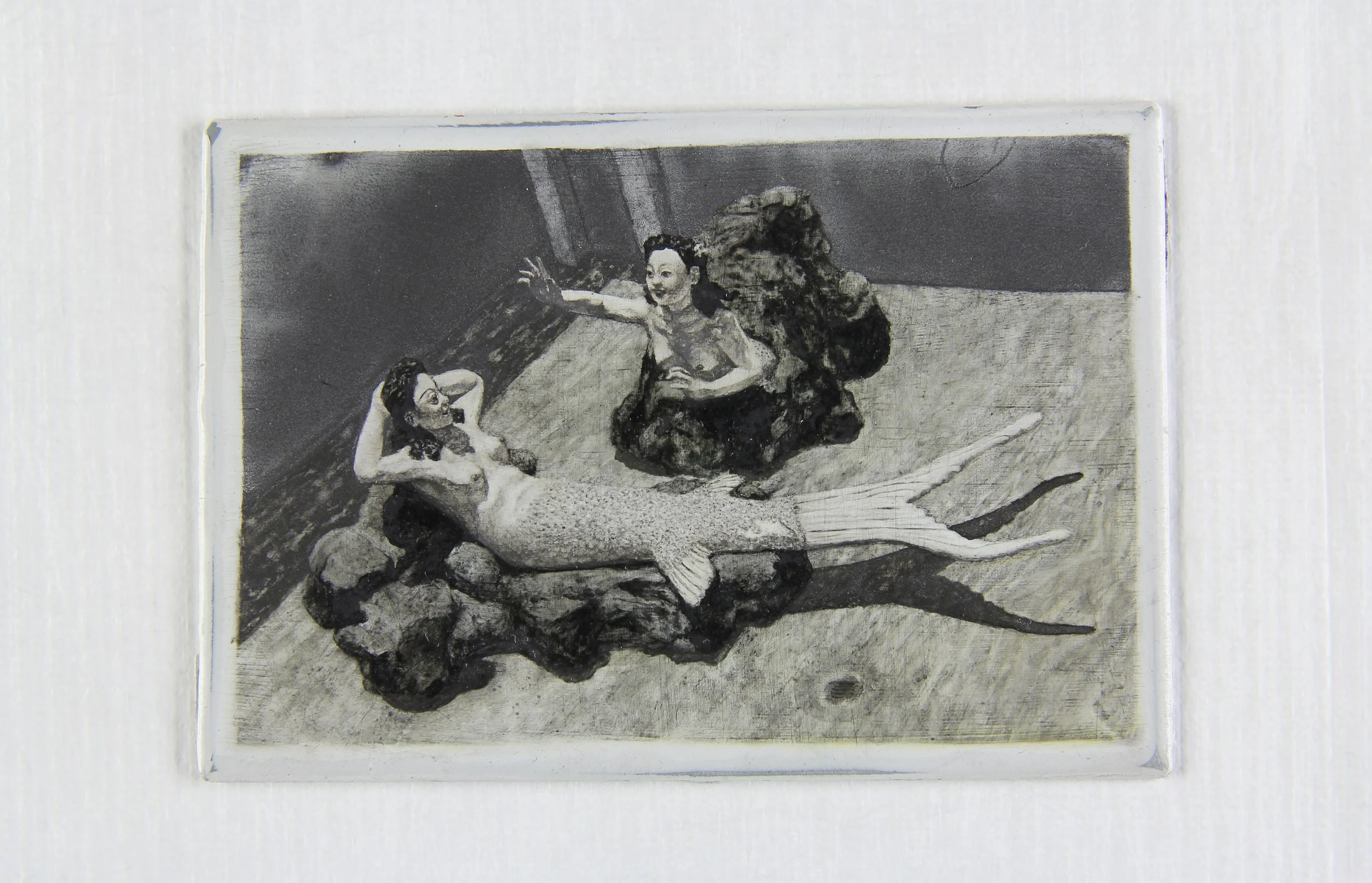 Haw Par Villa #1 (Mermaids), 2014, pastel and liquid pencil on primed aluminium, 6.3 x 9.3cm
