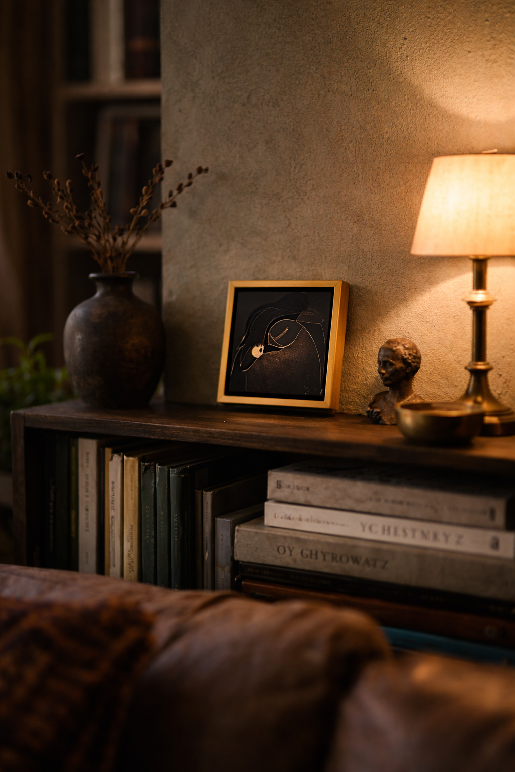 A cozy living room corner with a wooden bookshelf holding various books, a framed abstract art piece, a bronze bust sculpture, a table lamp, and a large ceramic vase with dried branches, all illuminated by warm lighting.
