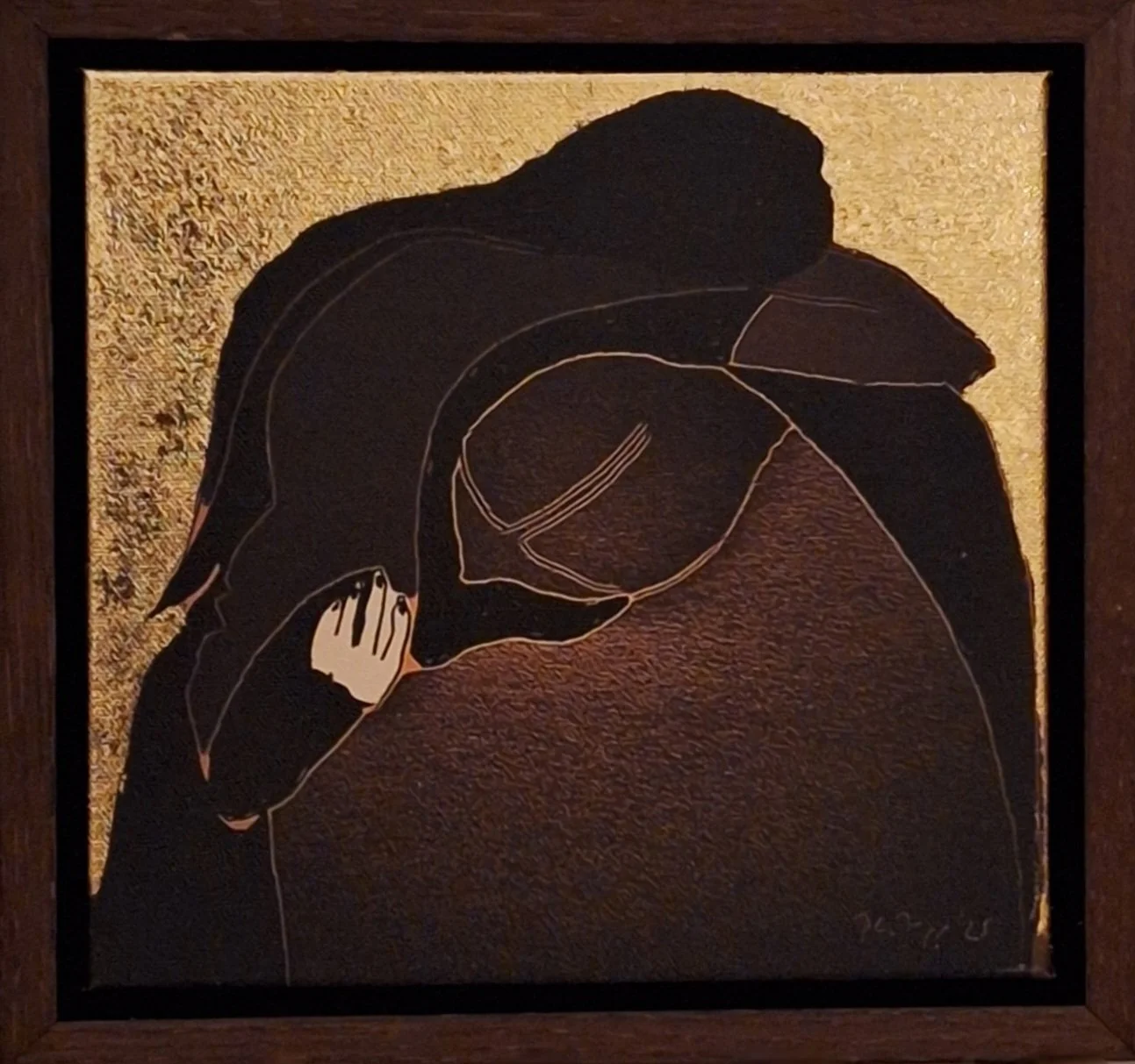 A painting of a couple hugging, with the person on the left resting their head on the other's shoulder, depicted in a minimalistic, abstract style with dark outlines and a golden background.