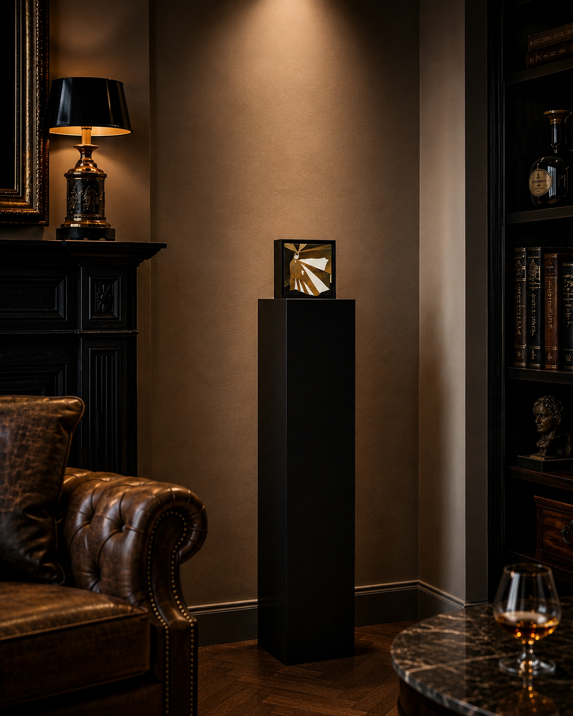 A framed art piece displayed on a black pedestal in a dimly lit, elegant room with dark furniture and bookshelves.