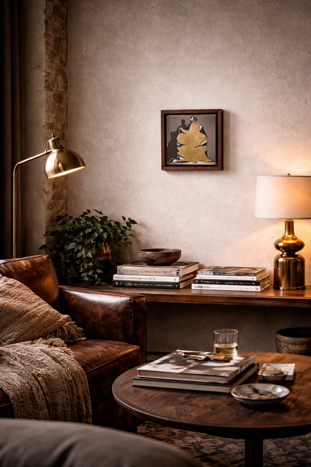 Cozy living room corner with a leather armchair, a wooden side table with books and a bowl, a table lamp, a potted plant, and a framed artwork on a textured wall.