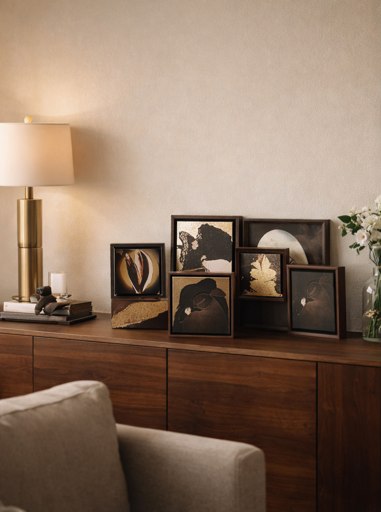 Decorative framed art pieces on a wooden sideboard in a living room, with a beige wall and a gold and white table lamp to the left.