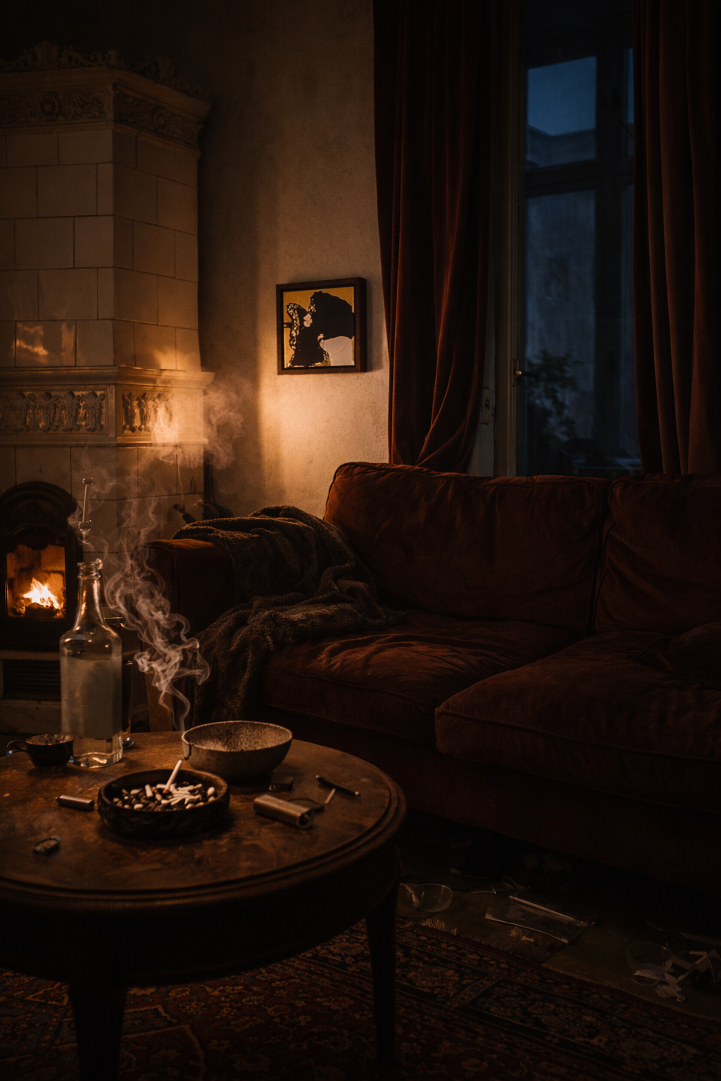 A cozy living room with a glowing fireplace, a plush brown sofa with a blanket, a coffee table with a smoking bottle, ashtray, and scattered items, curtains by a window showing evening sky, and a framed artwork on the wall.