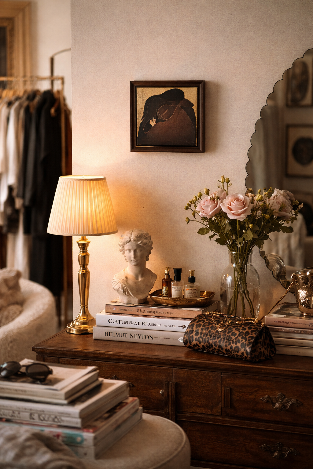 A wooden dresser with a gold lamp, a bust sculpture, pink roses in a glass vase, and several books and decorative items, with a framed portrait on the wall in a cozy room.