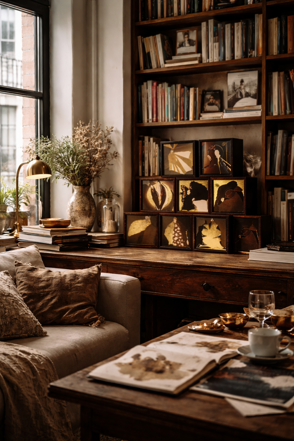 Cozy home library with wooden bookshelves filled with books, a window with natural light, decorative framed images, potted plants, a beige sofa with pillows, and a wooden table with open books, cups, and bowls.