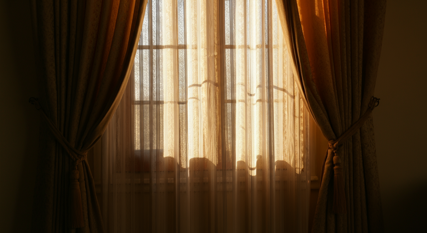 Sunlight shining through a window with sheer curtains flanked by heavy drapes tied back.