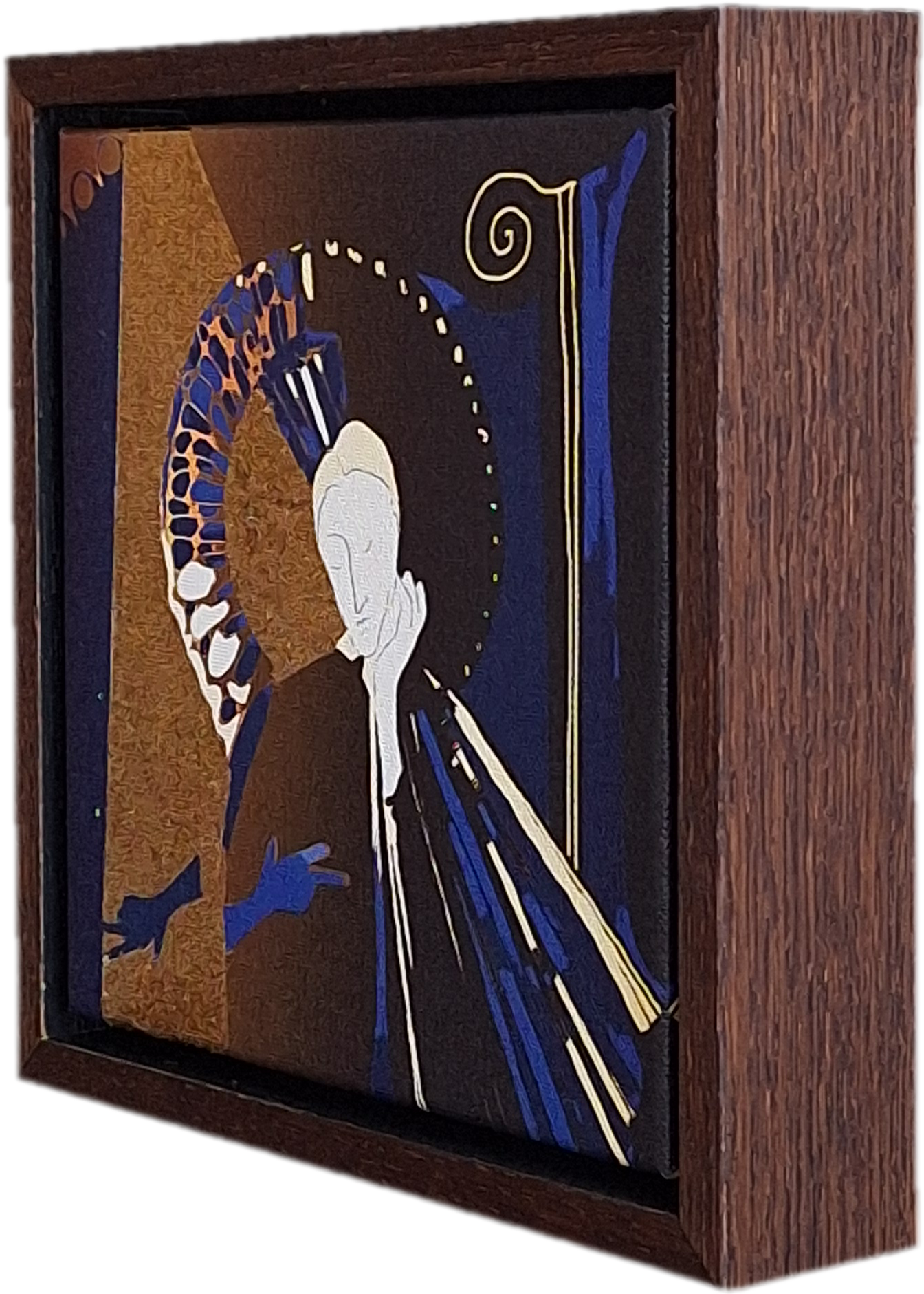 A stained glass artwork depicting a woman with white hair, wearing a dress with blue and orange details, holding a yellow book, and surrounded by abstract shapes, framed in wood.
