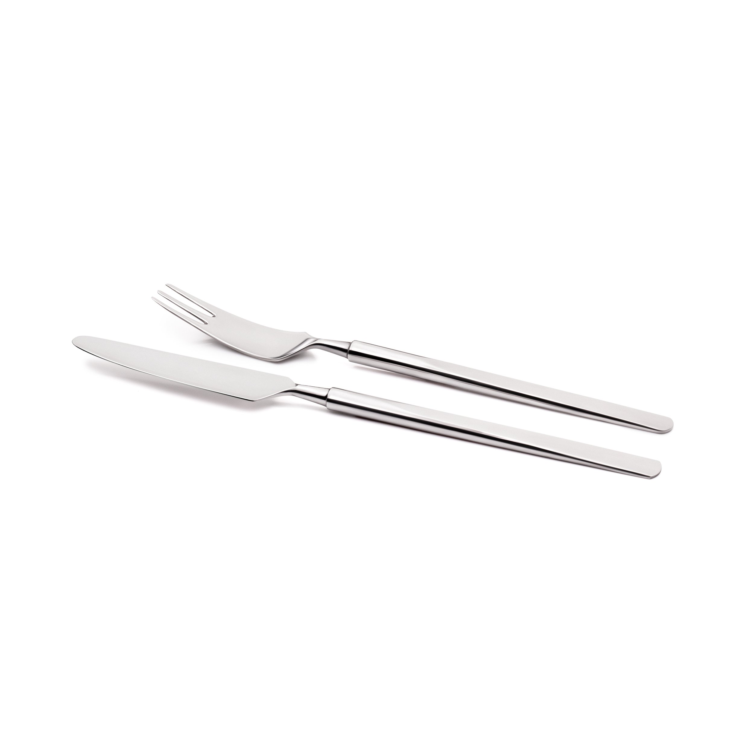 Silver fork and knife placed parallel on a white background.